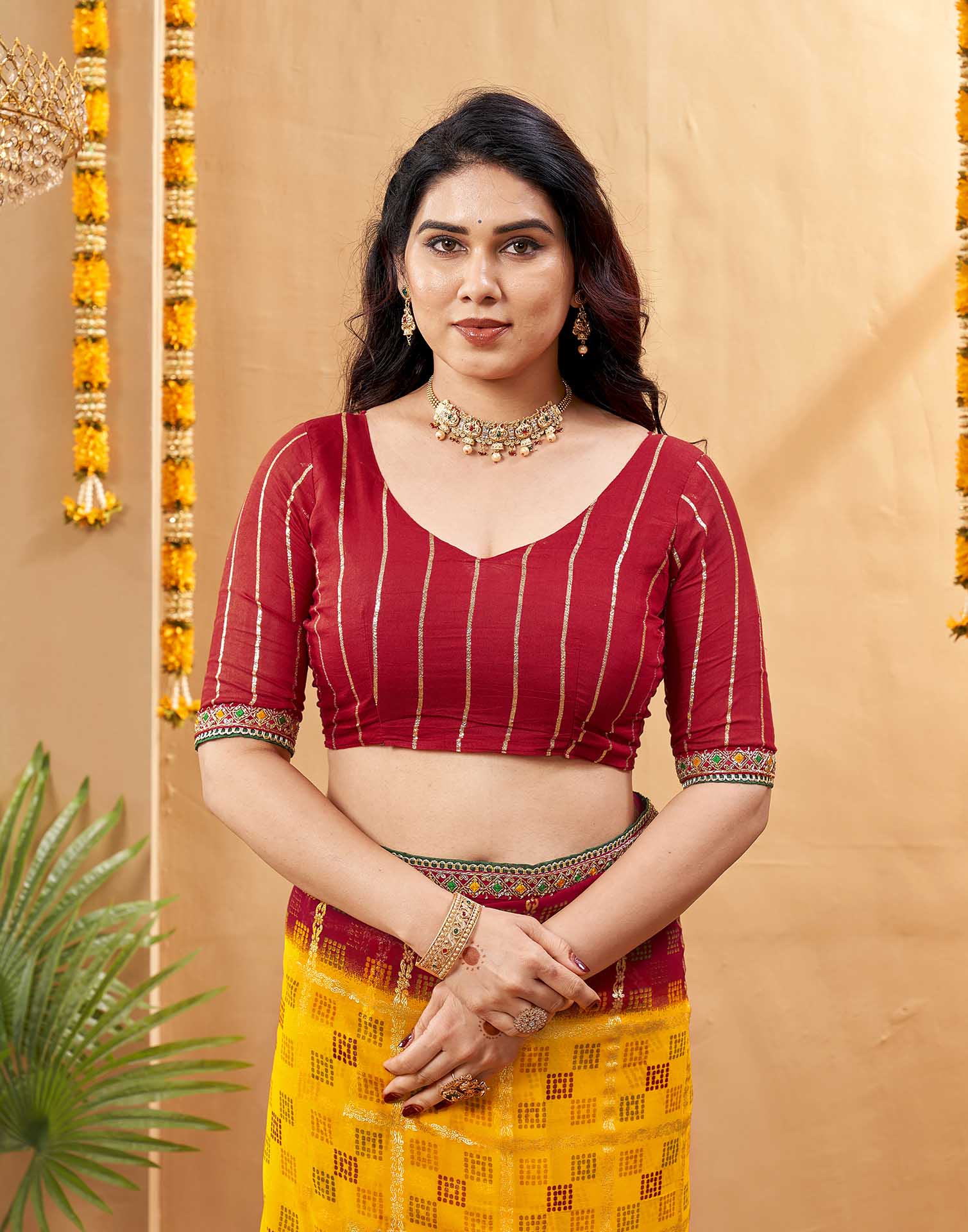 Yellow Georgette Foil Printed Bandhani Saree