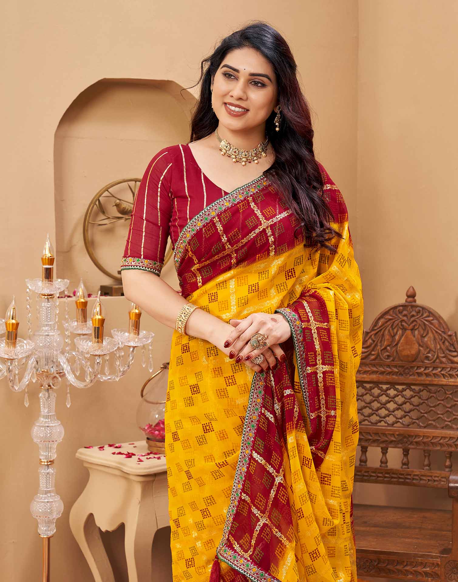 Yellow Georgette Foil Printed Bandhani Saree