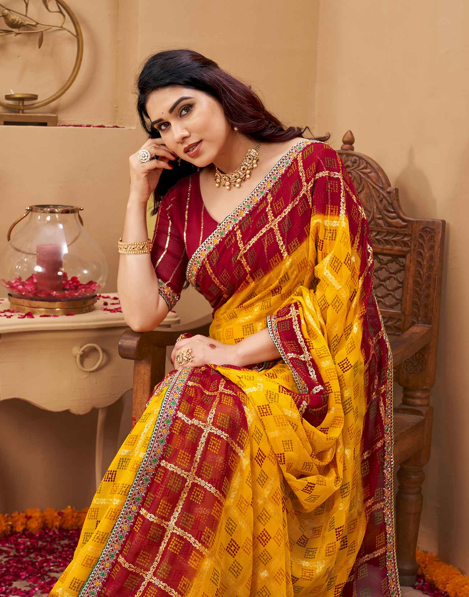 Yellow Georgette Foil Printed Bandhani Saree