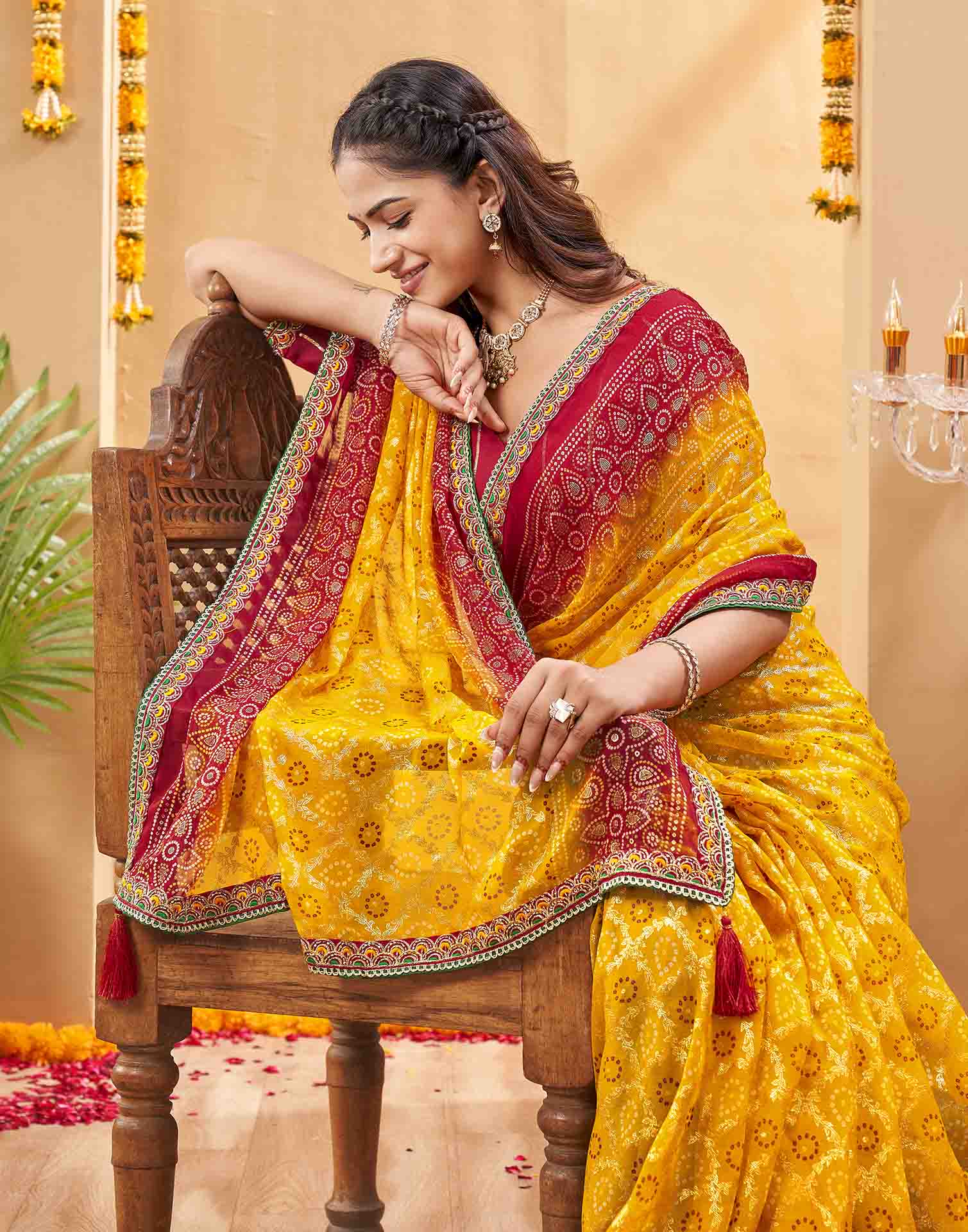 Red Georgette Foil Printed Bandhani Saree
