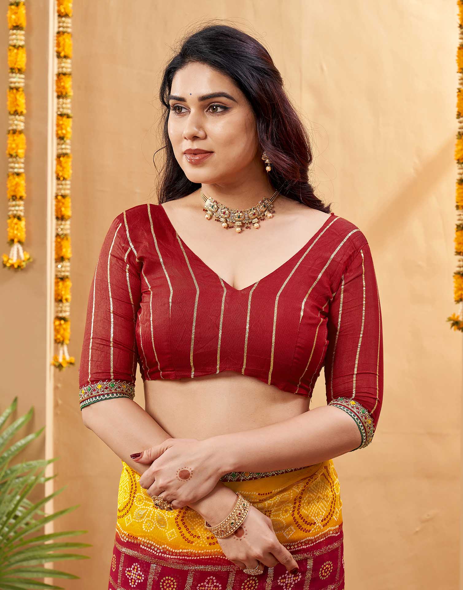 Red Georgette Foil Printed Bandhani Saree