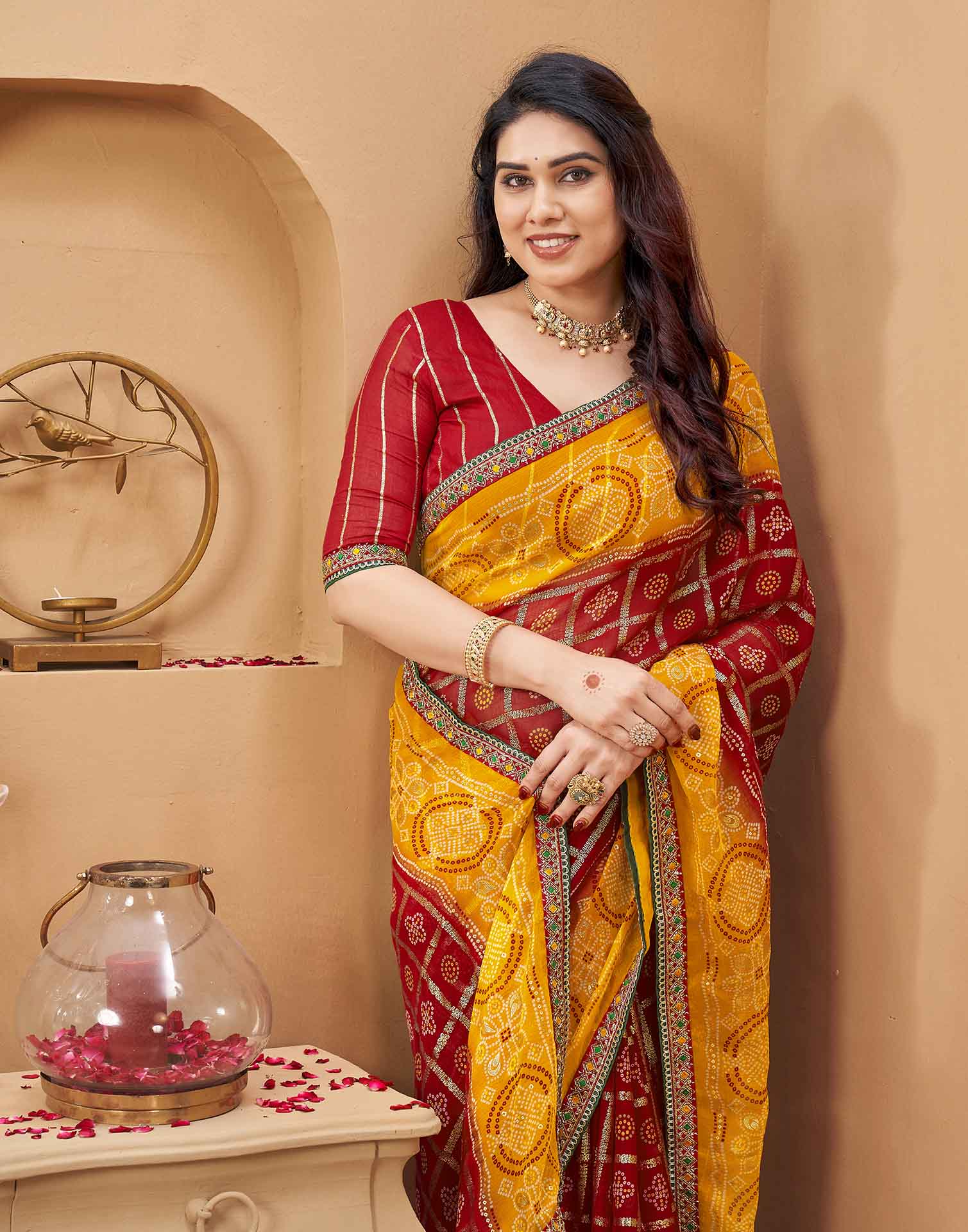 Red Georgette Foil Printed Bandhani Saree