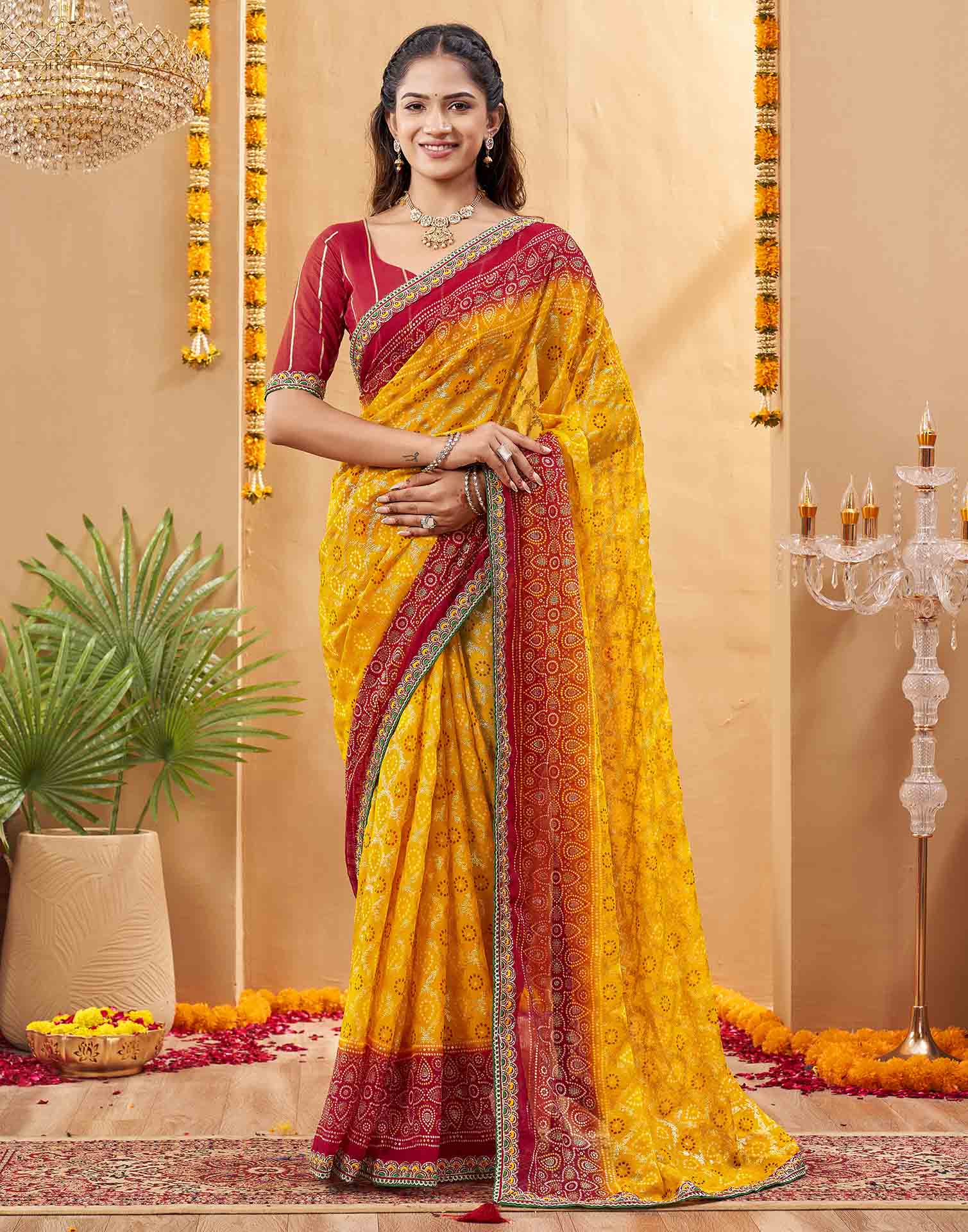 Red Georgette Foil Printed Bandhani Saree