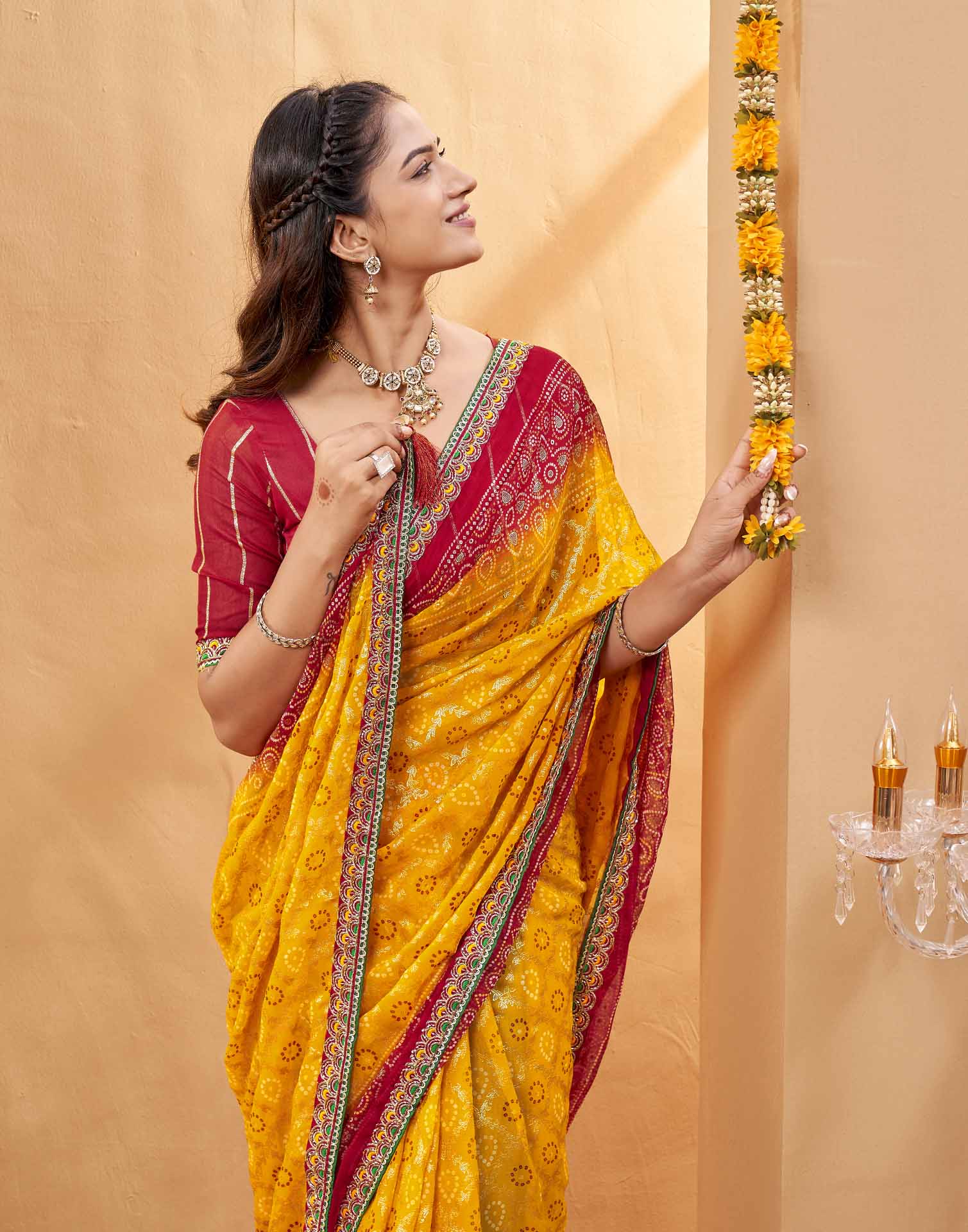 Red Georgette Foil Printed Bandhani Saree
