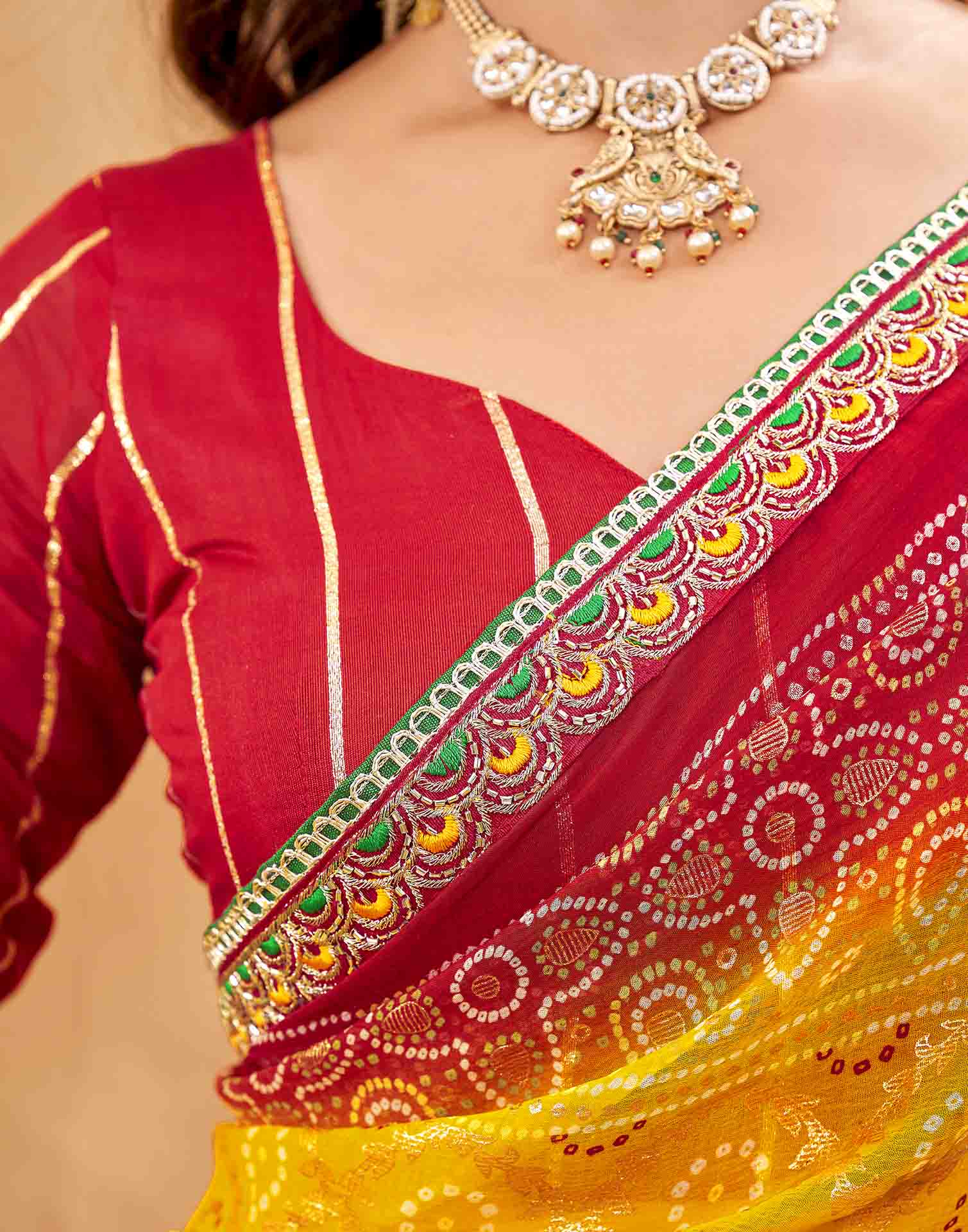 Red Georgette Foil Printed Bandhani Saree