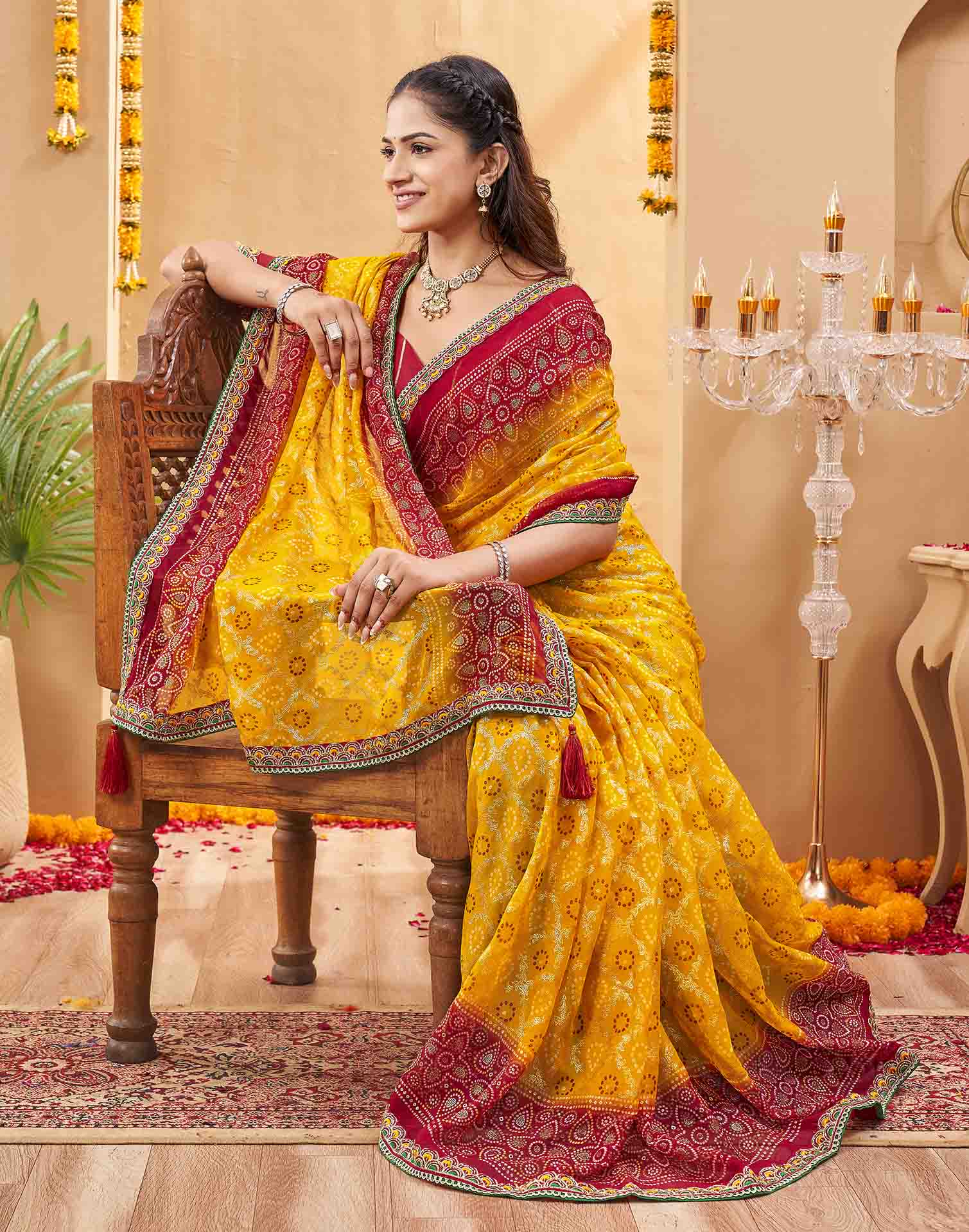 Red Georgette Foil Printed Bandhani Saree