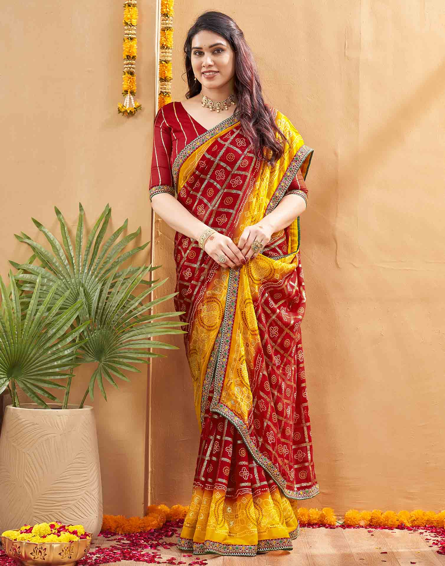 Red Georgette Foil Printed Bandhani Saree