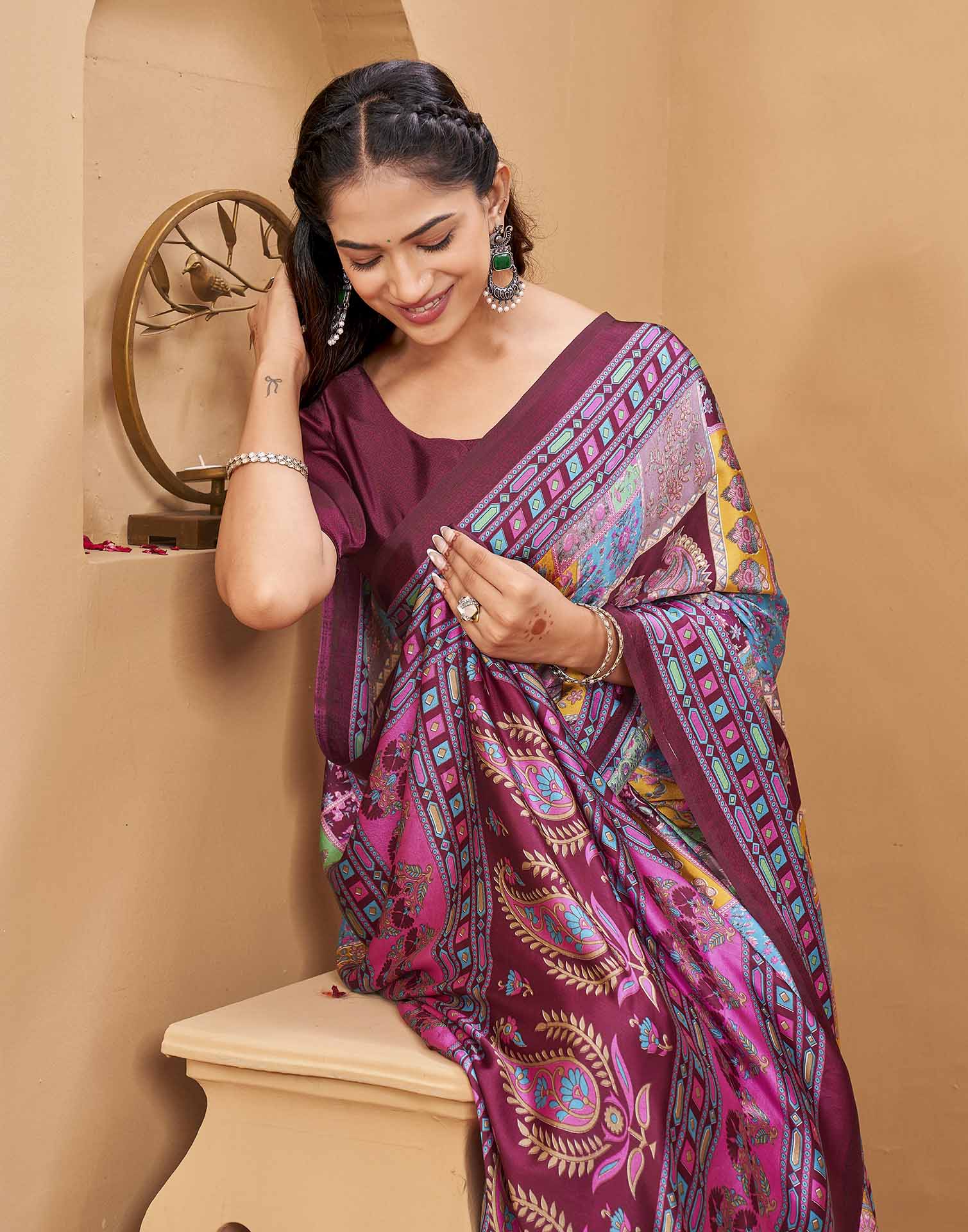 Purple Silk Printed Kalamkari Saree