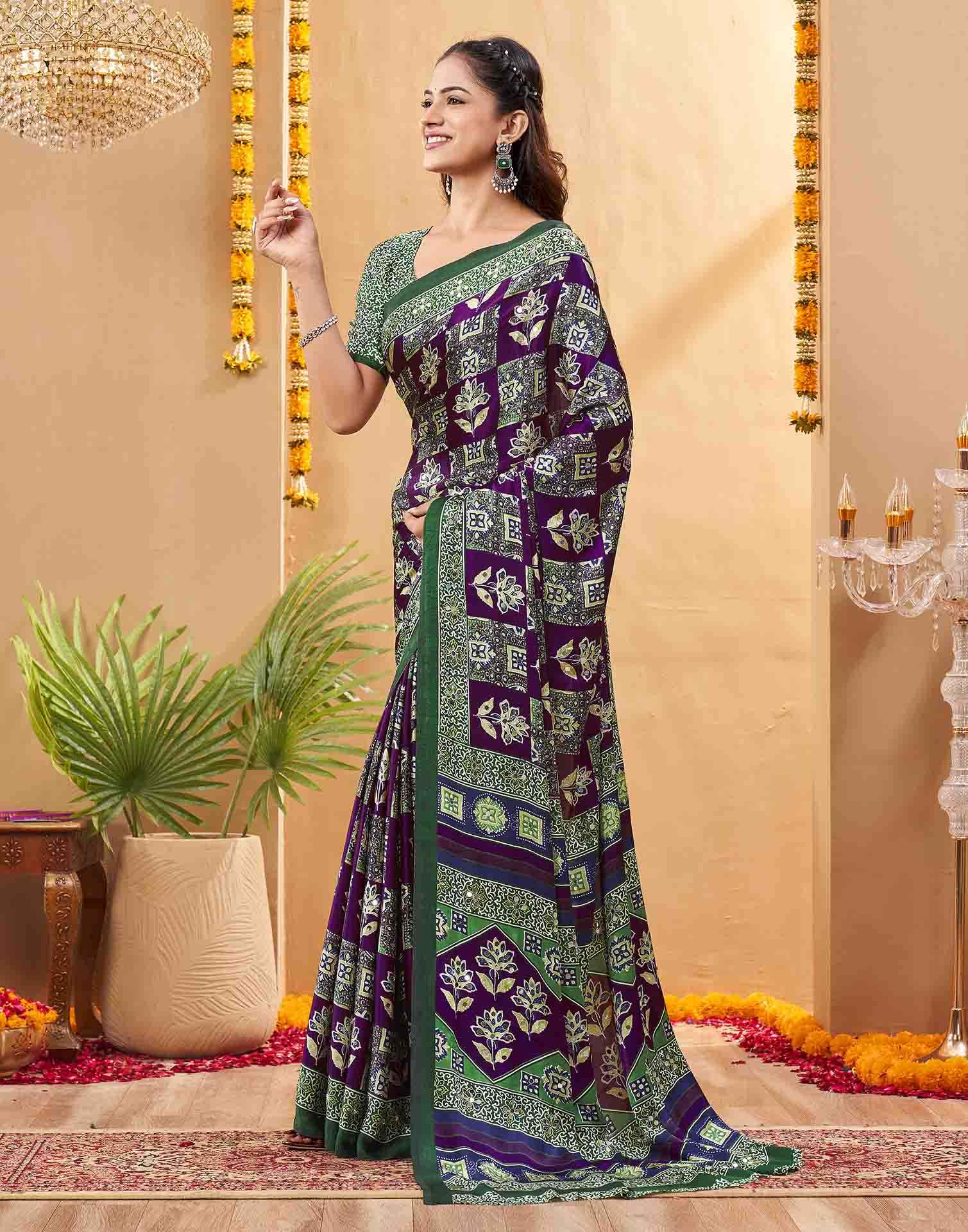 Purple Silk Printed Kalamkari Saree