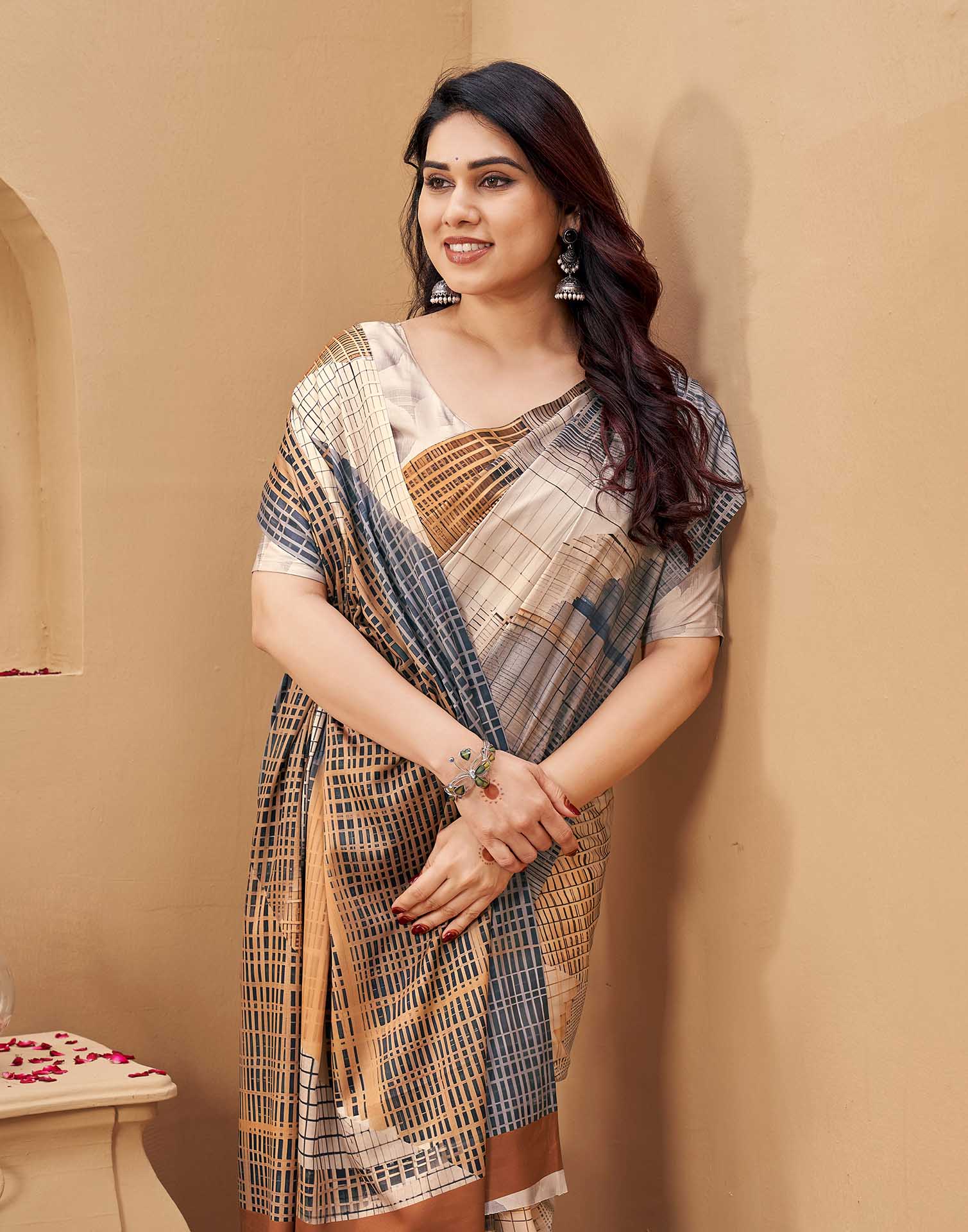 Grey Silk Printed Printed Saree
