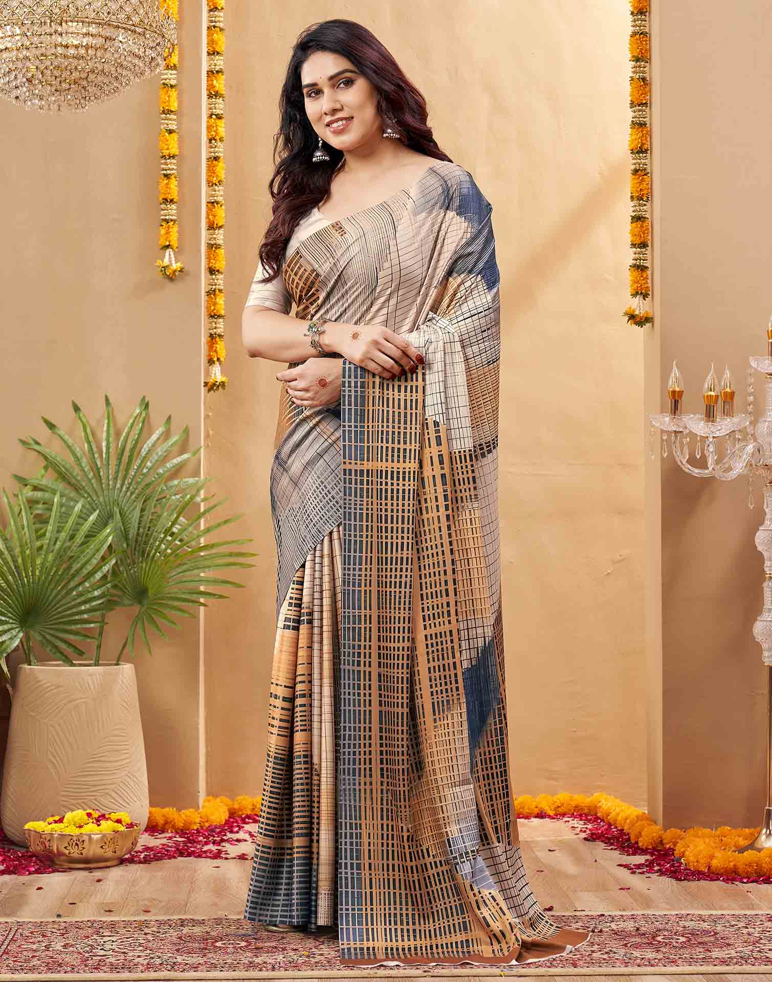 Grey Silk Printed Printed Saree