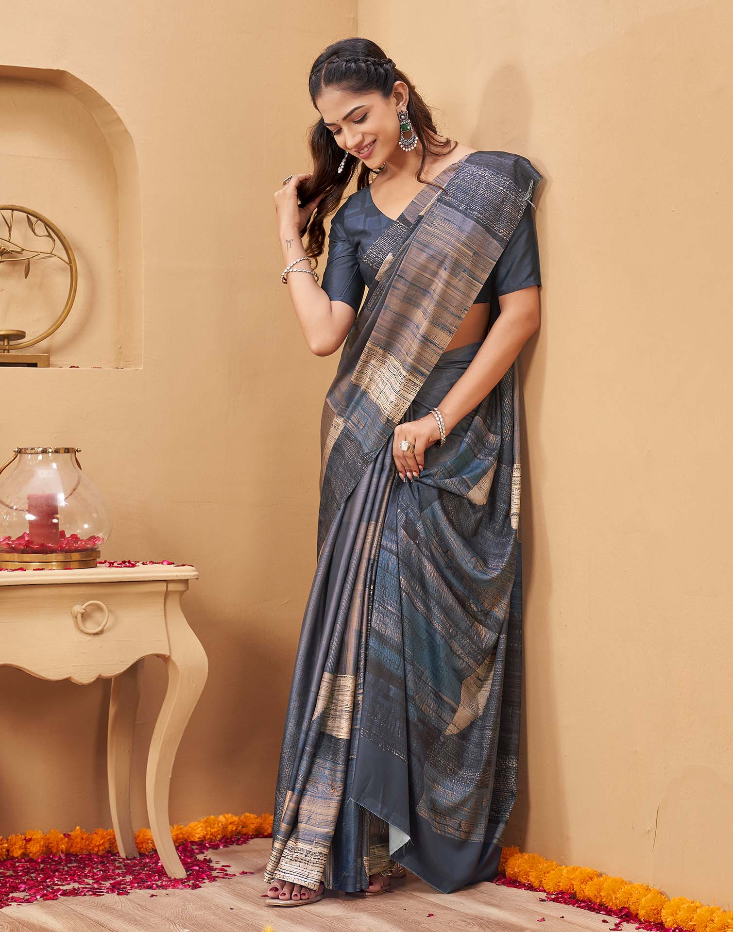 Grey Silk Printed Printed Saree