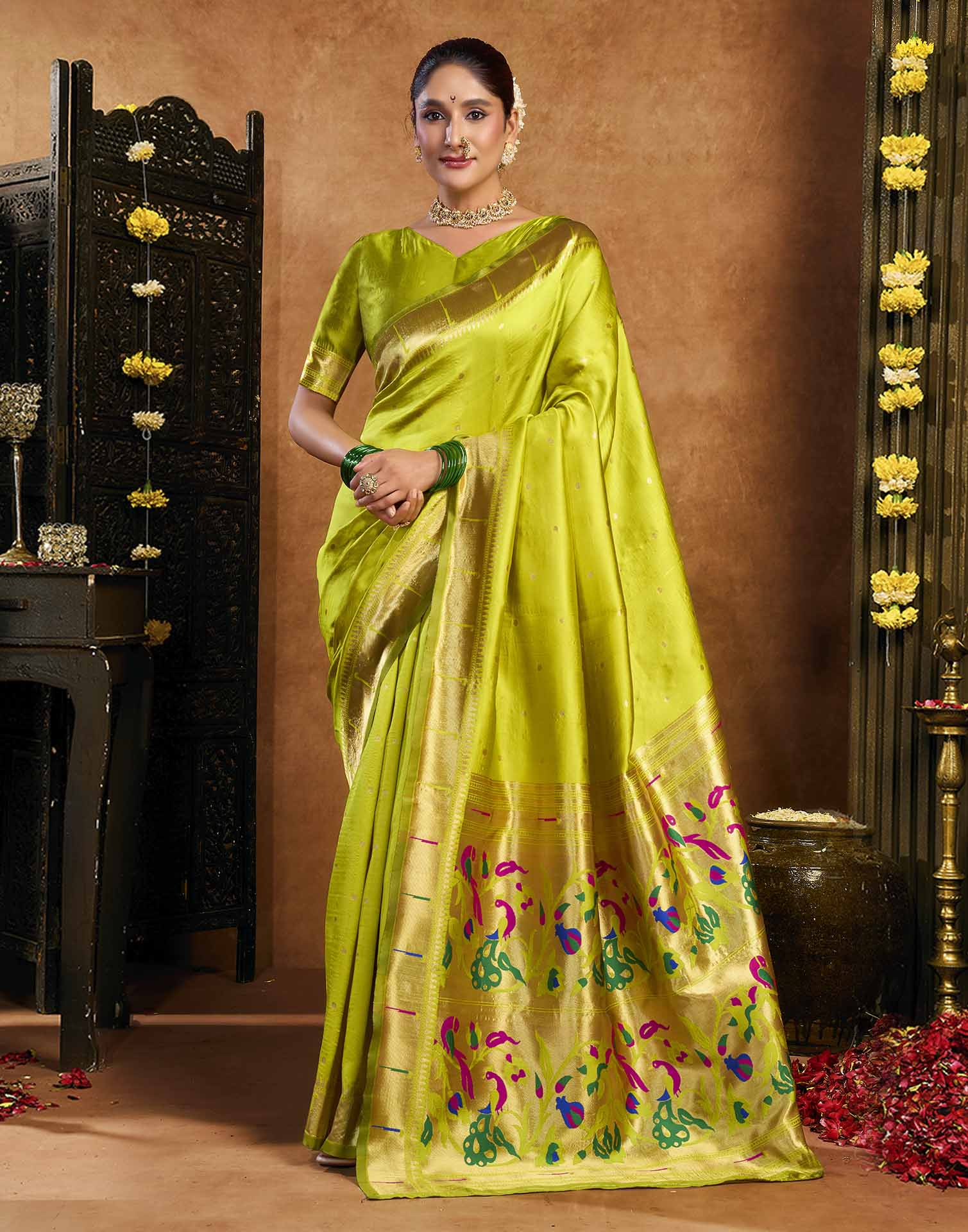 Lime Green Silk Woven Paithani Saree
