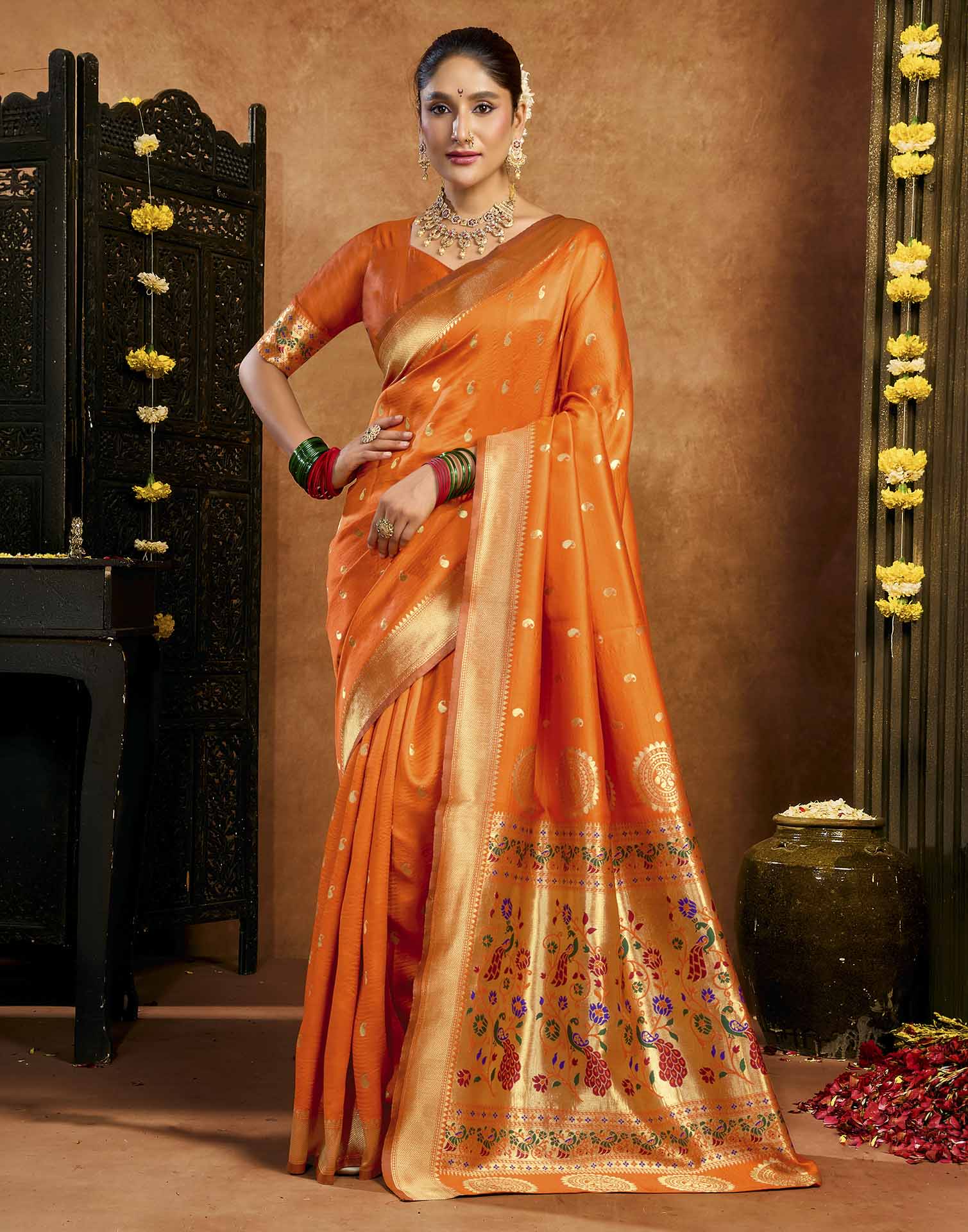 Orange Silk Woven Paithani Saree
