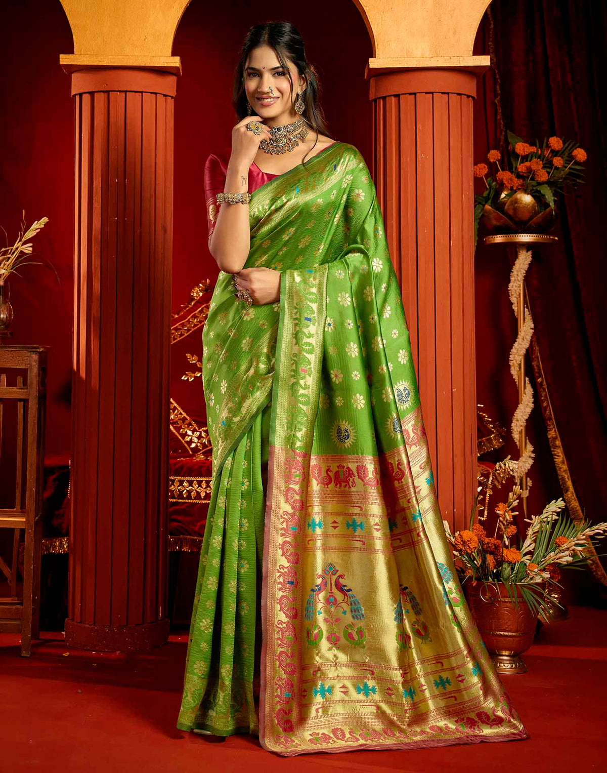 Parrot Green Silk Woven Paithani Saree