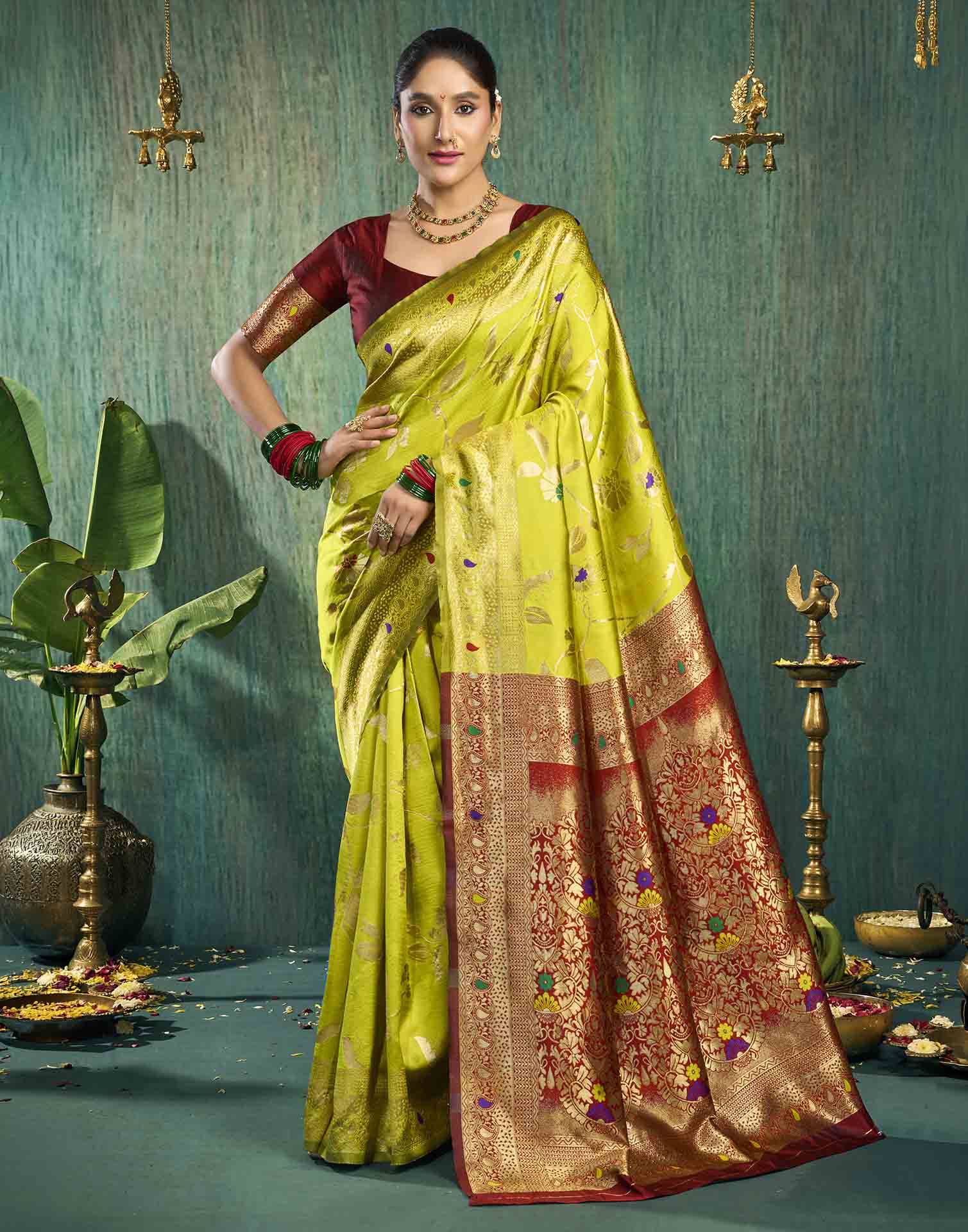Lime Green Silk Woven Banarasi Saree