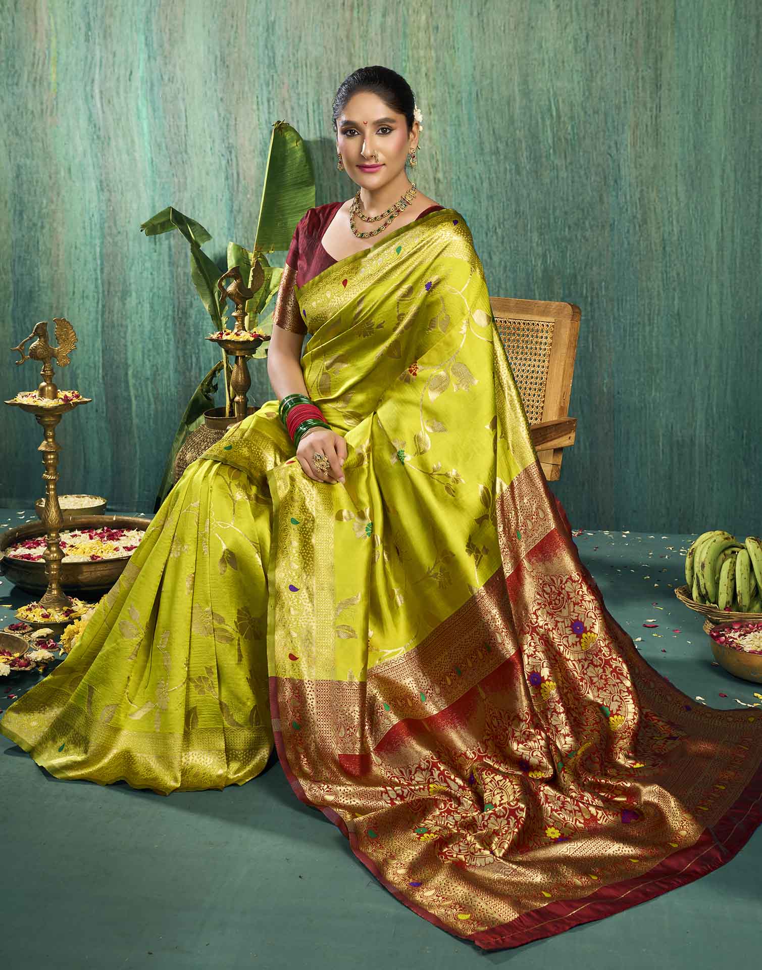 Lime Green Silk Woven Banarasi Saree