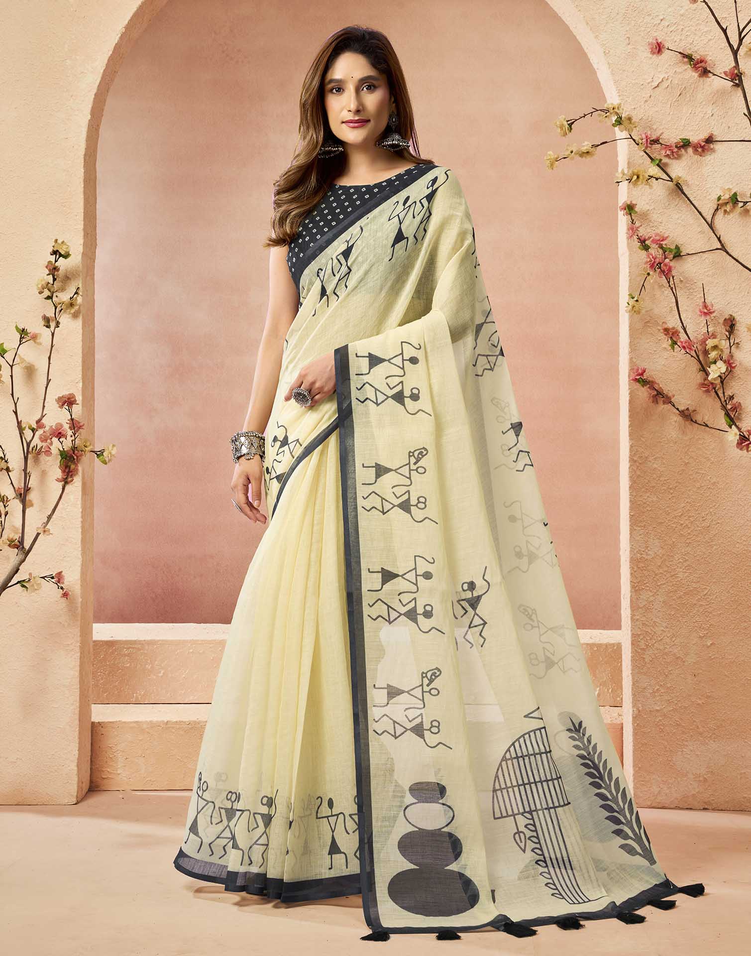 Cream Cotton Printed Printed Saree