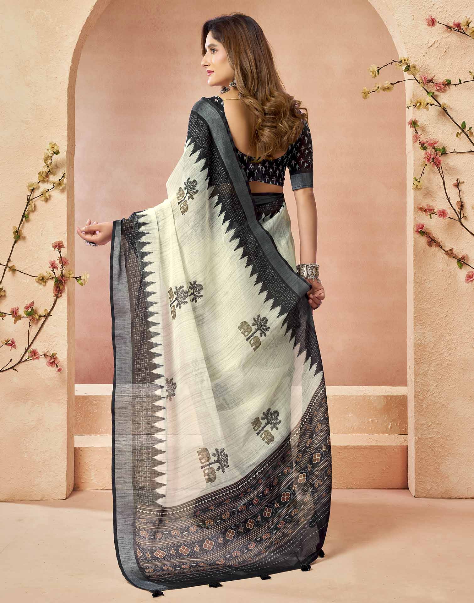 Off White Cotton Printed Printed Saree