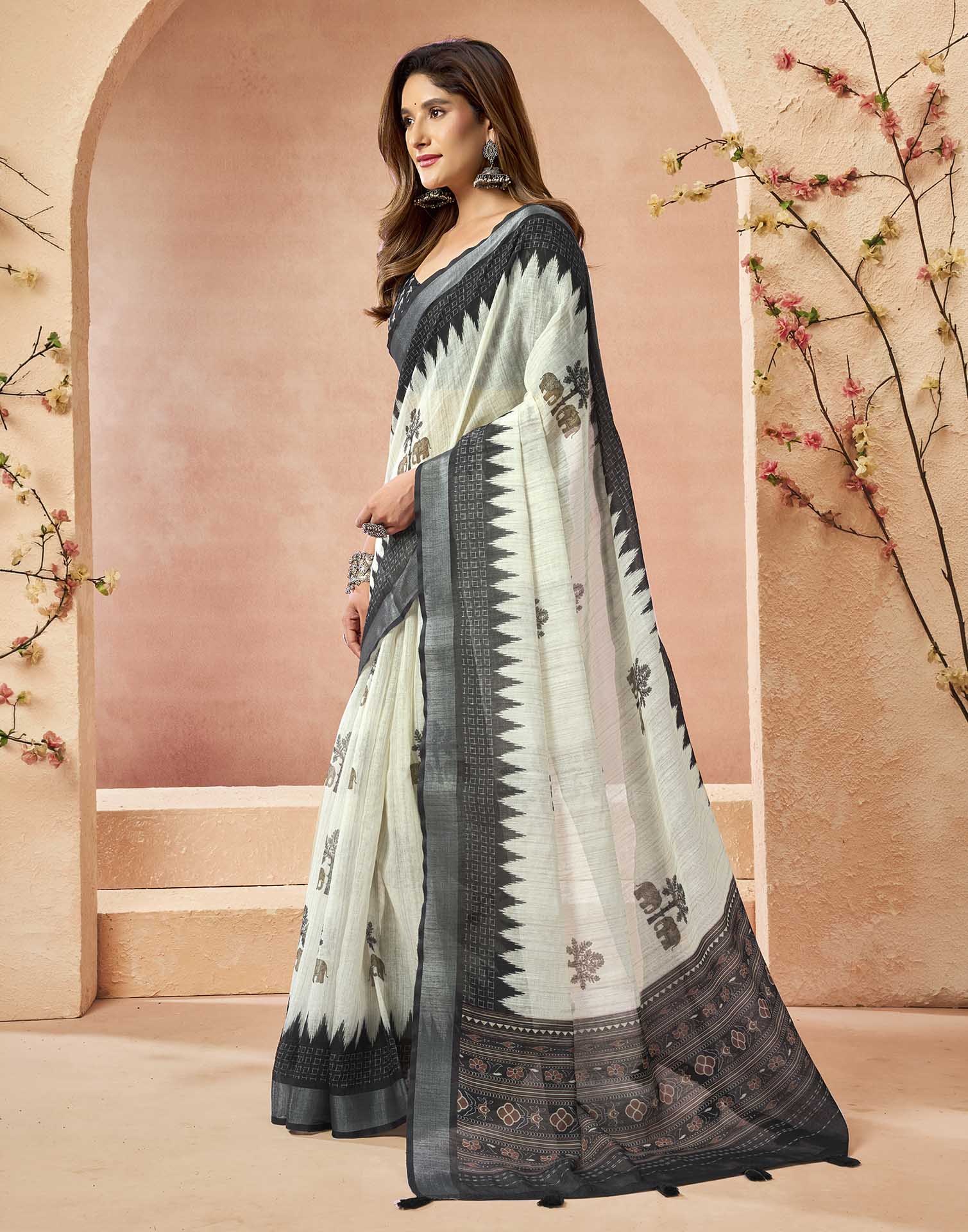 Off White Cotton Printed Printed Saree