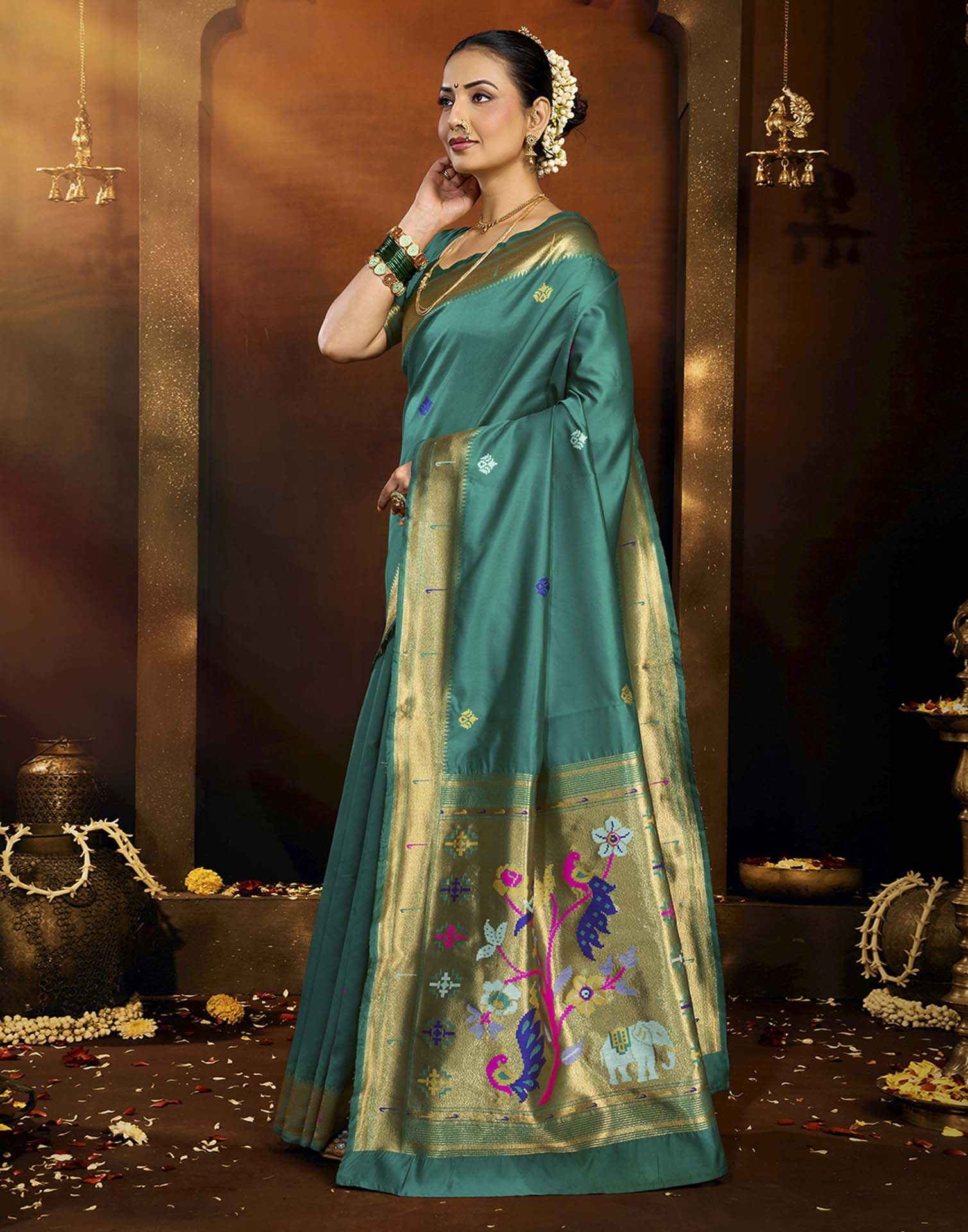 Turquoise Silk Woven Saree