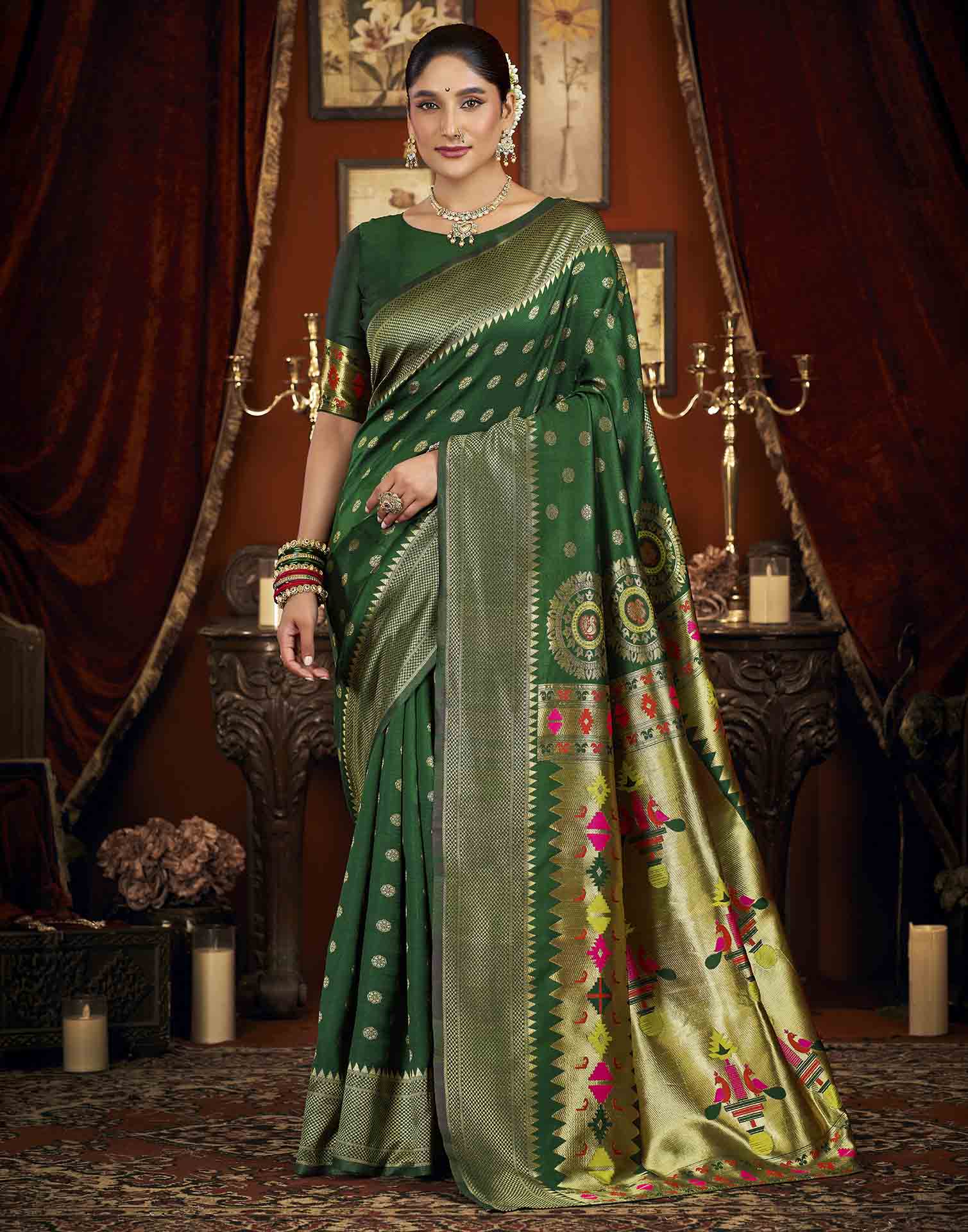 Dark Green Silk Woven Paithani Saree