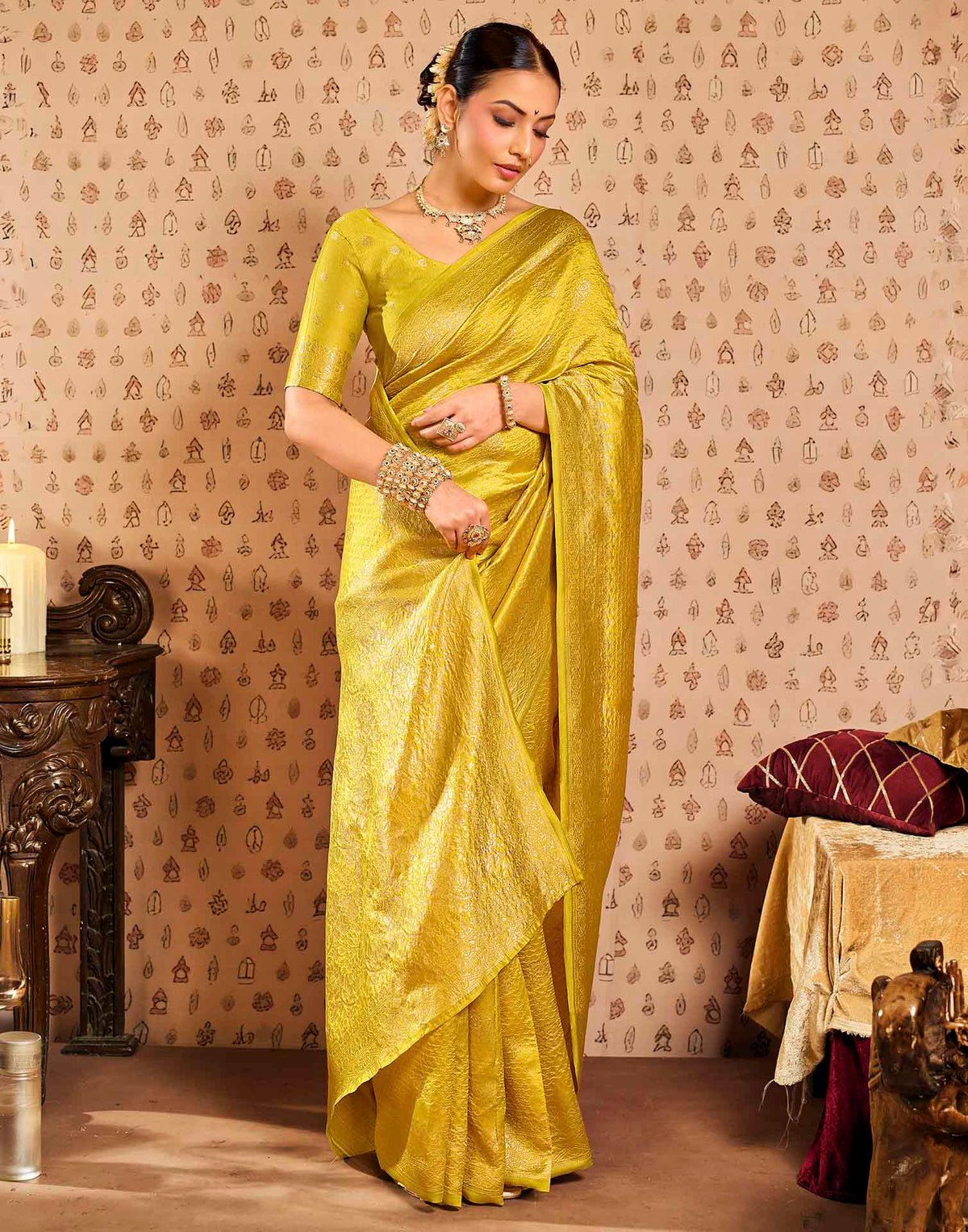 Lime Yellow Silk Woven Banarasi Saree
