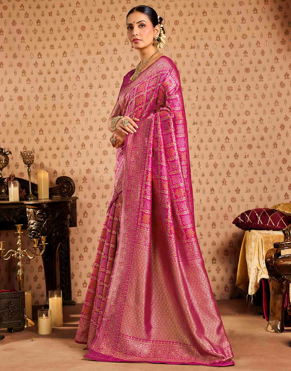 Pink Silk Printed Bandhani Saree
