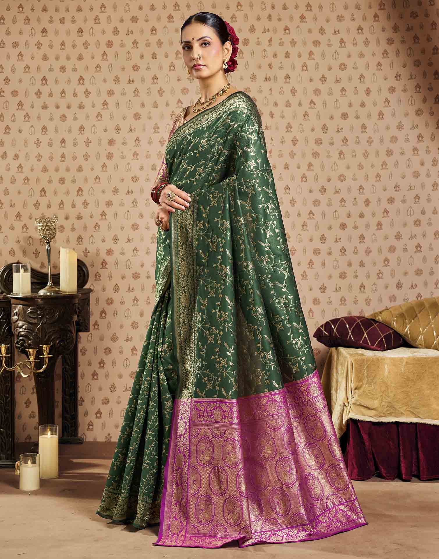 Green,Pink Silk Woven Banarasi Saree