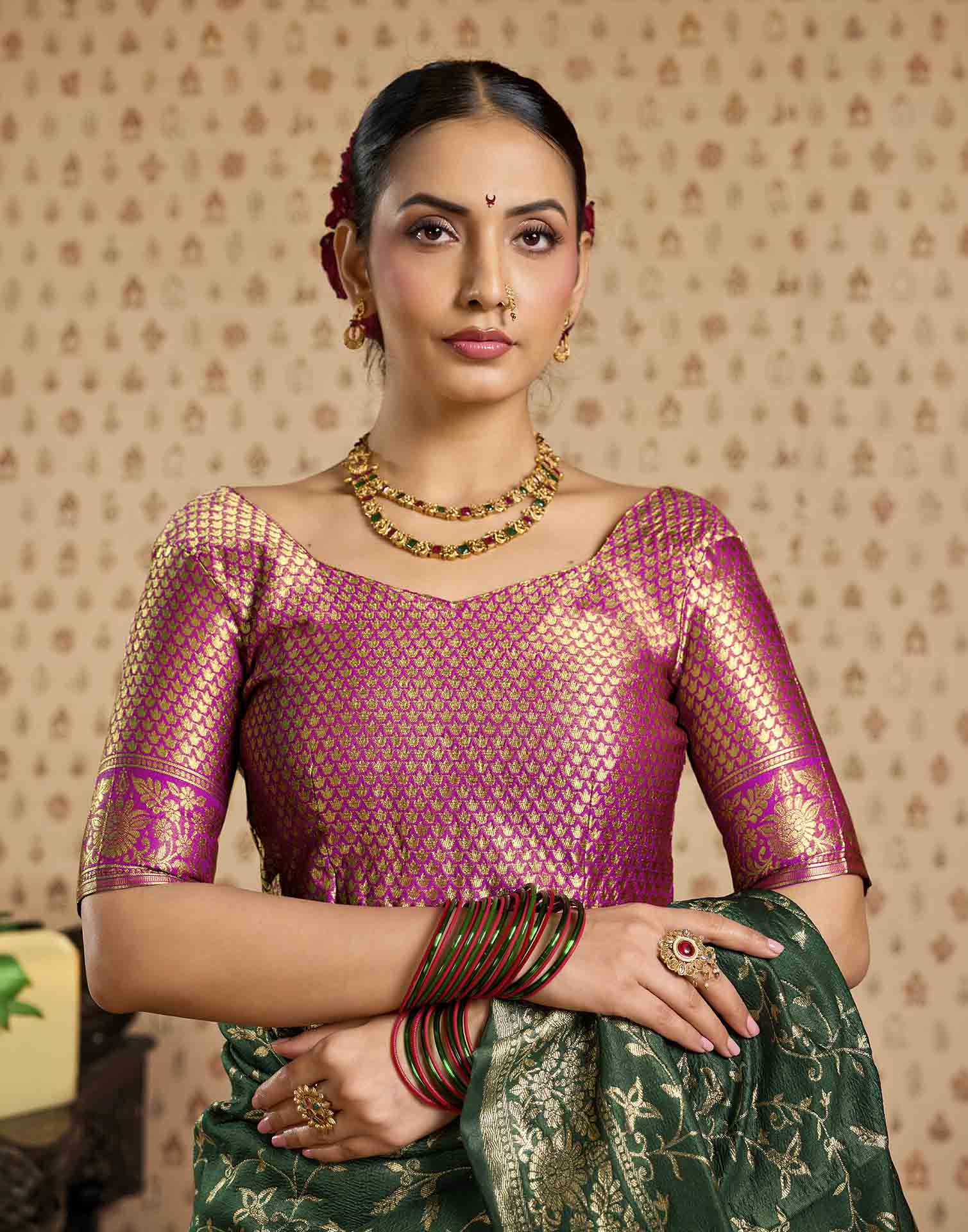 Green,Pink Silk Woven Banarasi Saree
