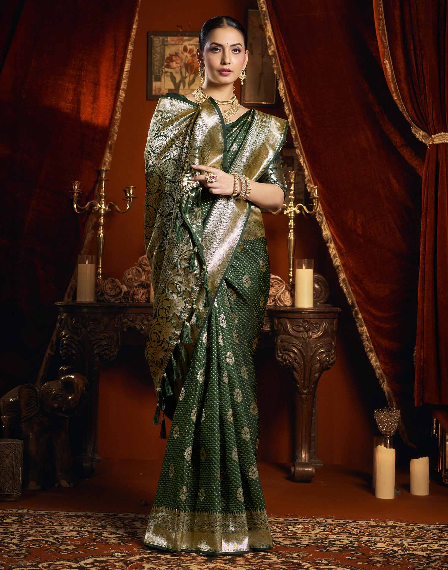 Dark Green Silk Woven Banarasi Saree