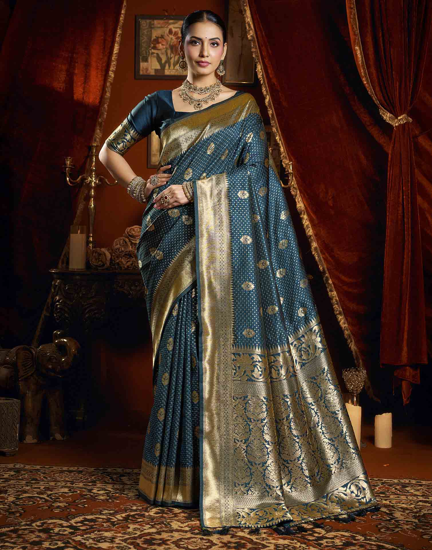 Dark Blue Silk Woven Banarasi Saree