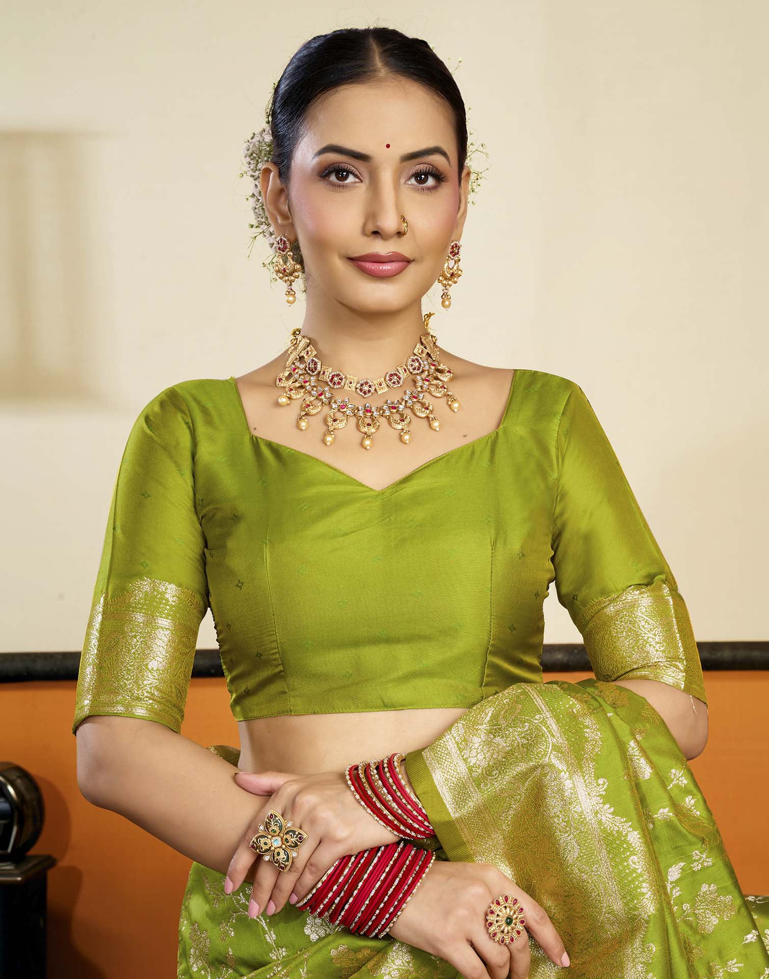 Parrot Green Silk Woven Banarasi Saree