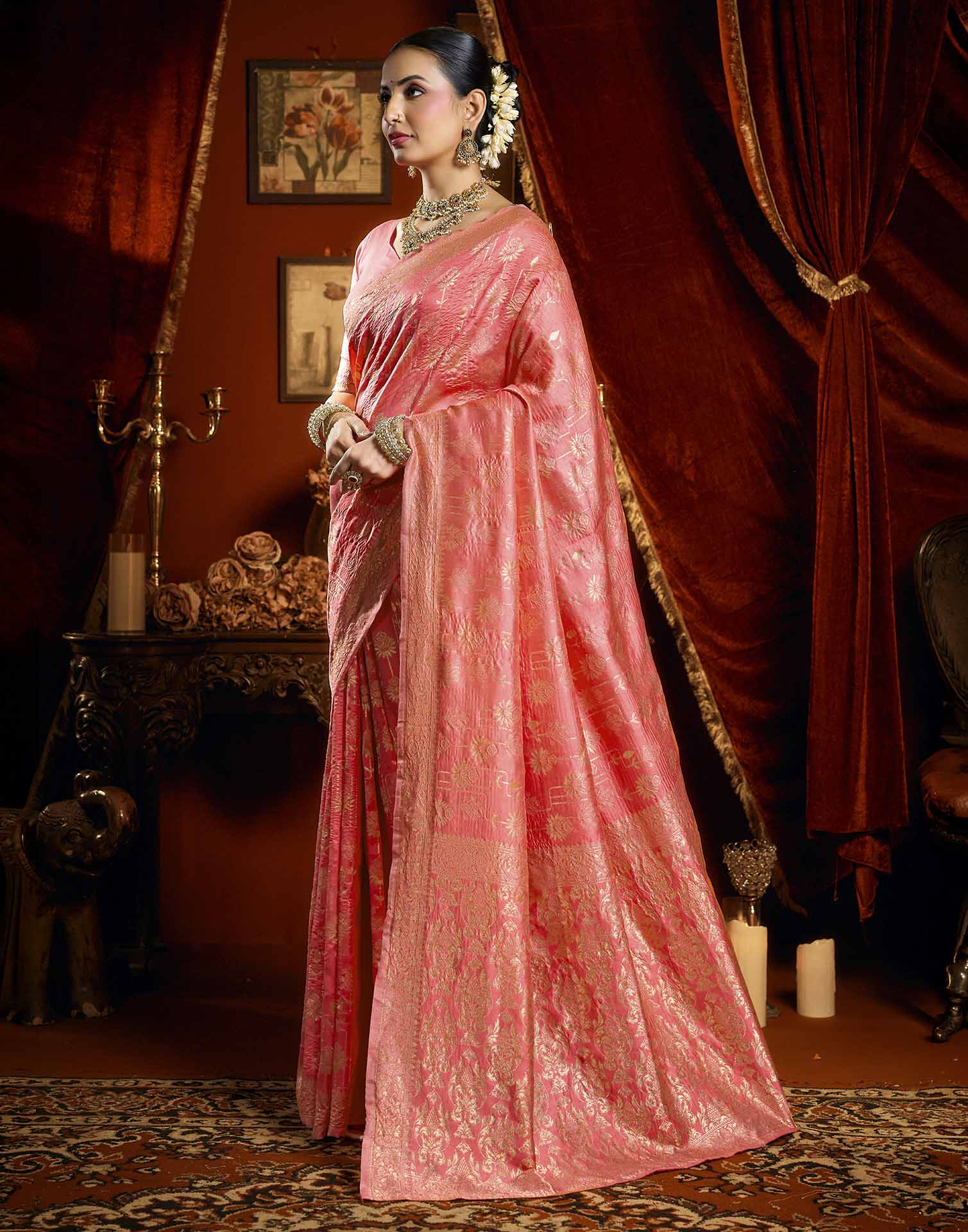 Coral Pink Silk Woven Banarasi Saree