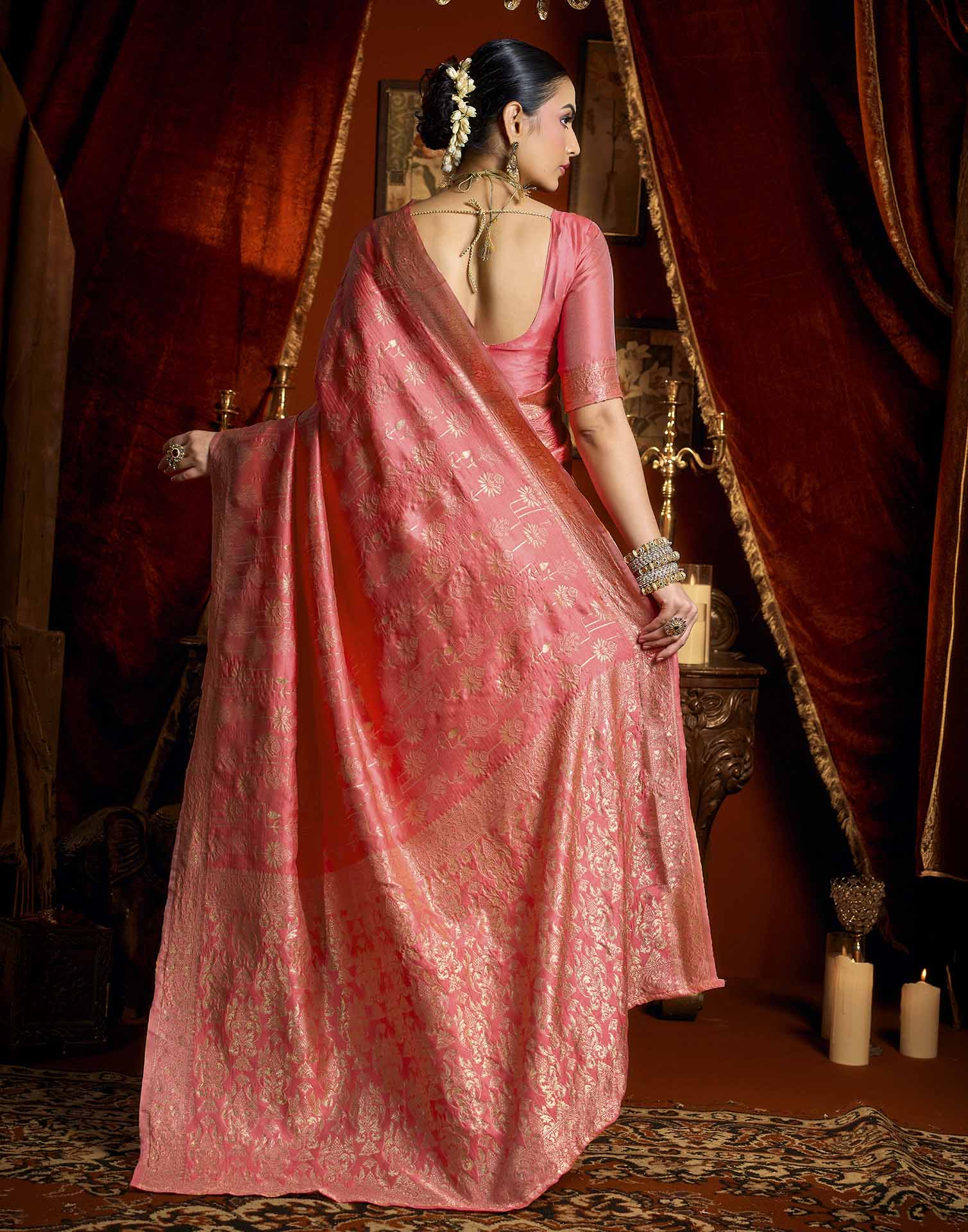 Coral Pink Silk Woven Banarasi Saree