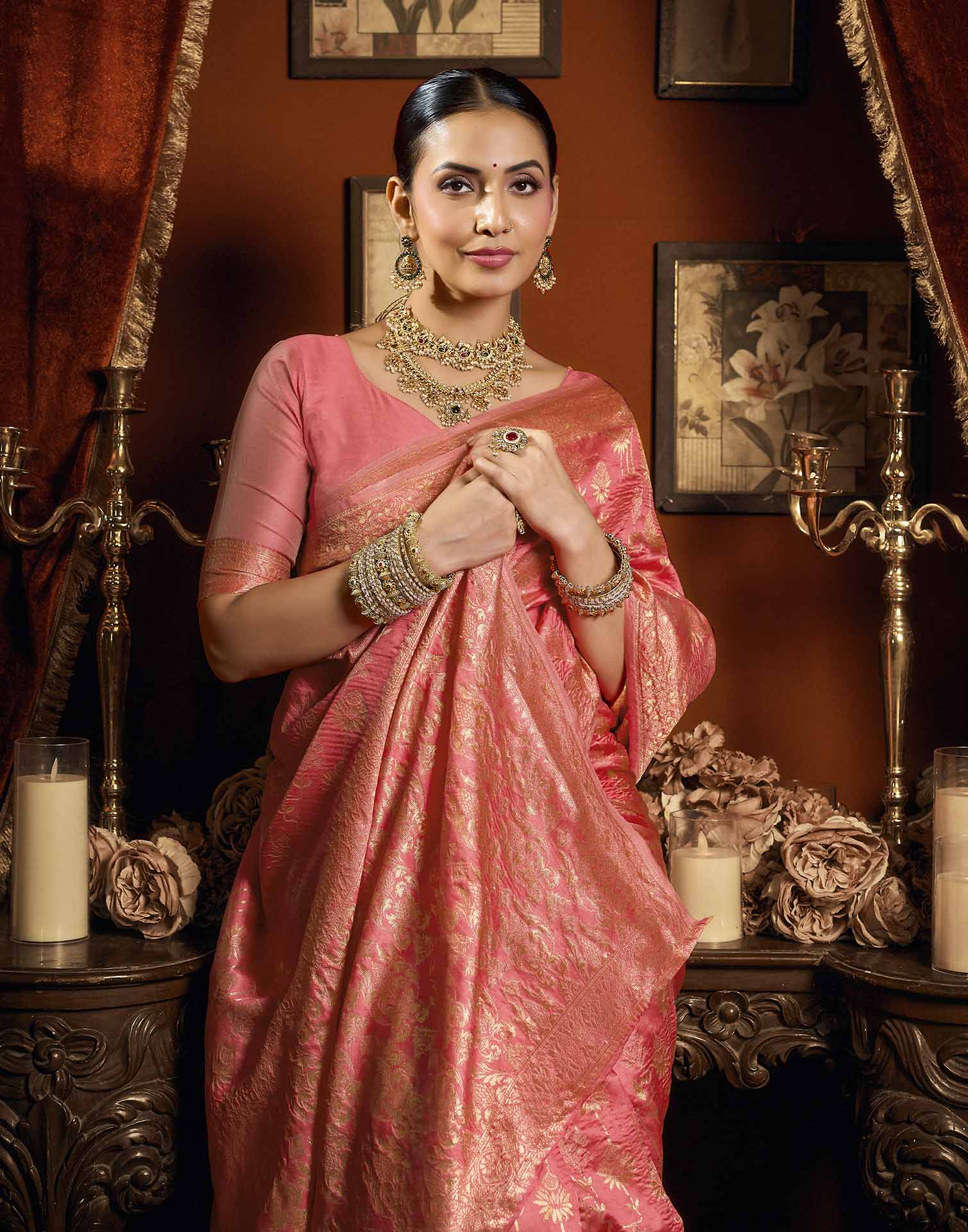 Coral Pink Silk Woven Banarasi Saree