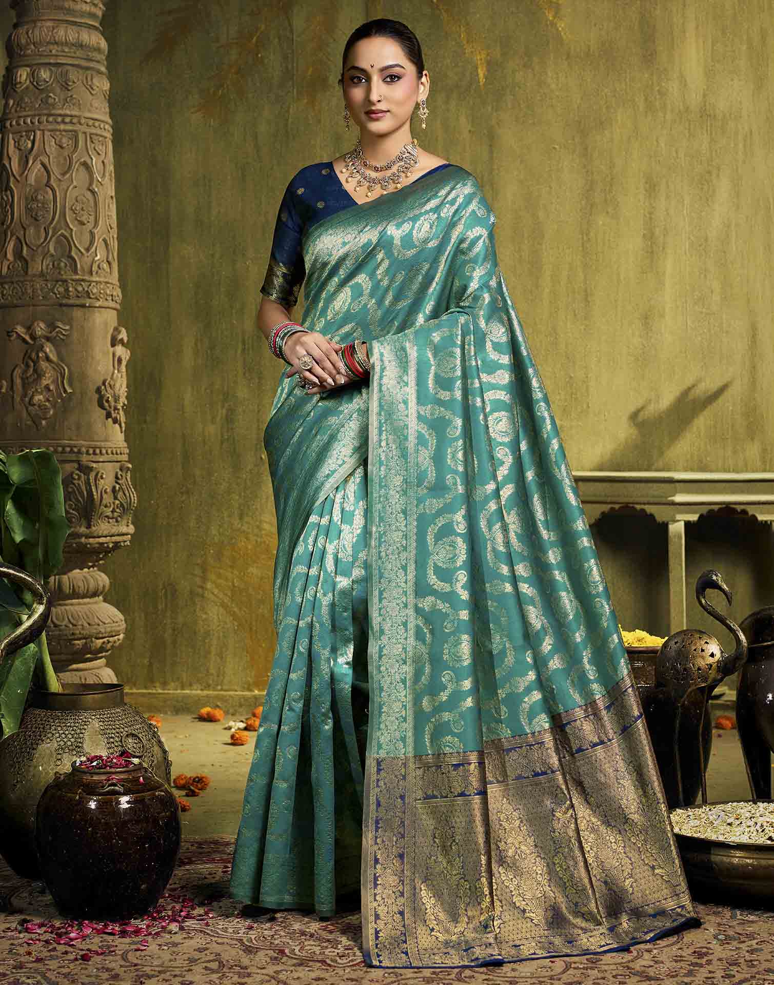 Sku Blue Silk Woven Banarasi Saree