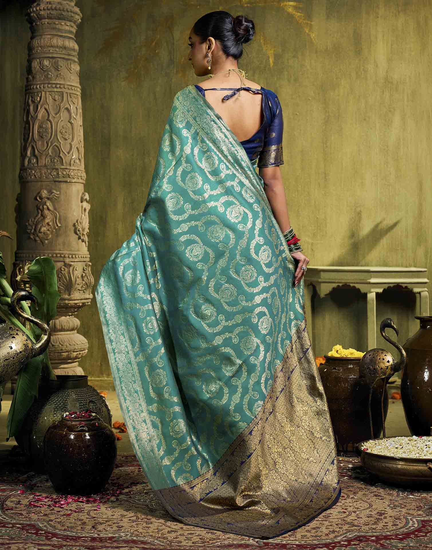 Sku Blue Silk Woven Banarasi Saree