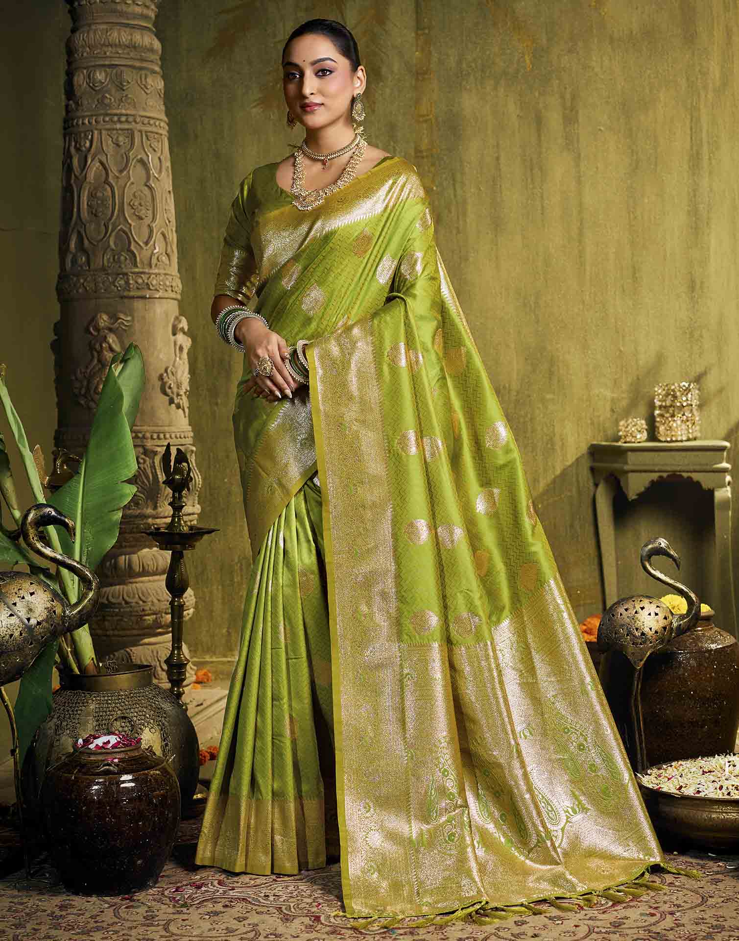 Parrot Green Silk Woven Banarasi Saree