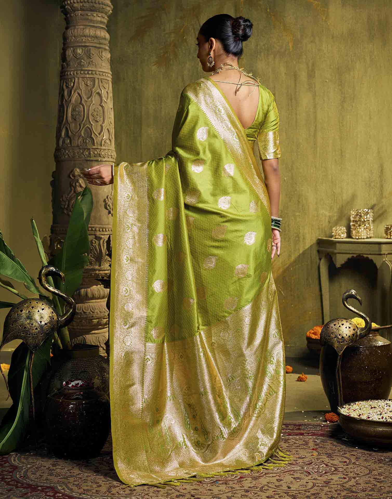 Parrot Green Silk Woven Banarasi Saree