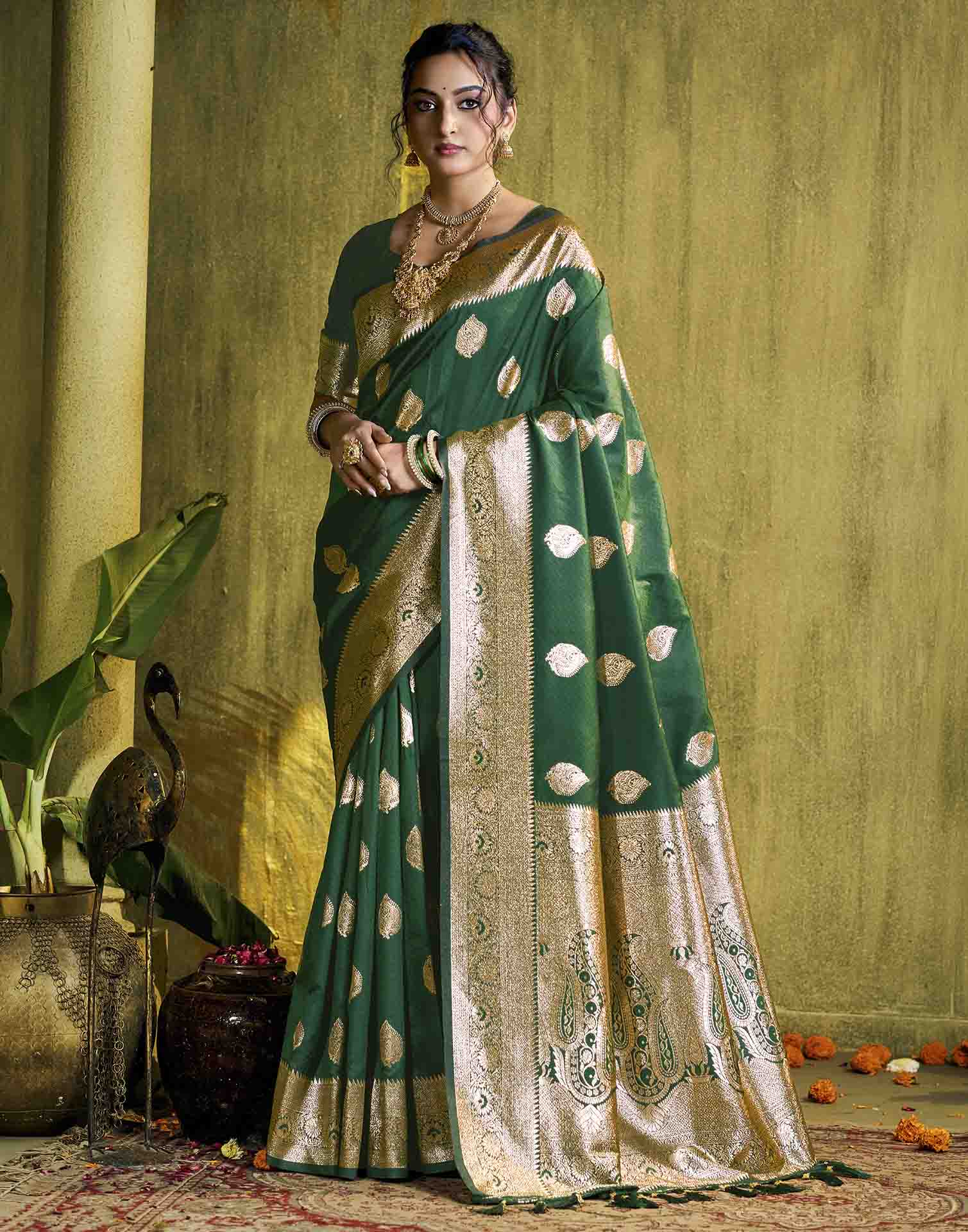Dark Green Silk Woven Banarasi Saree