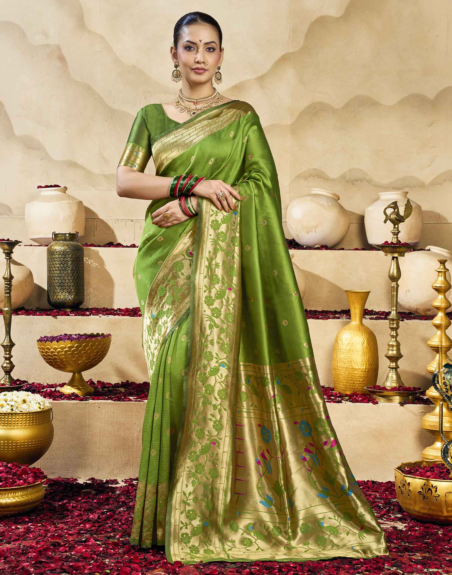 Parrot Green Silk Woven Paithani Saree