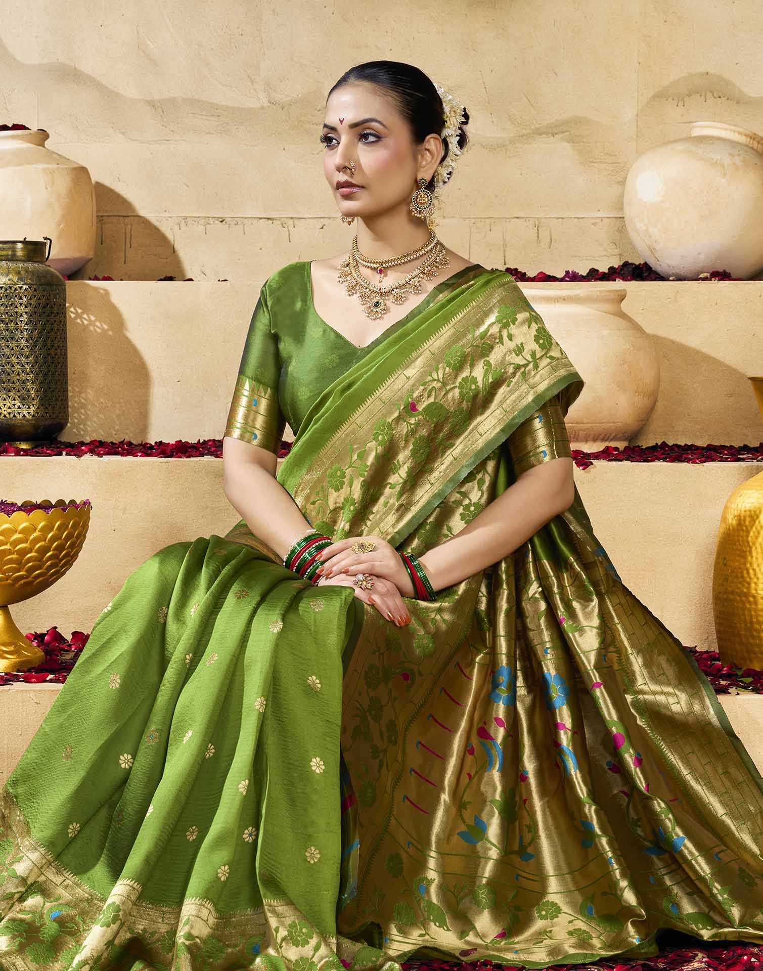 Parrot Green Silk Woven Paithani Saree