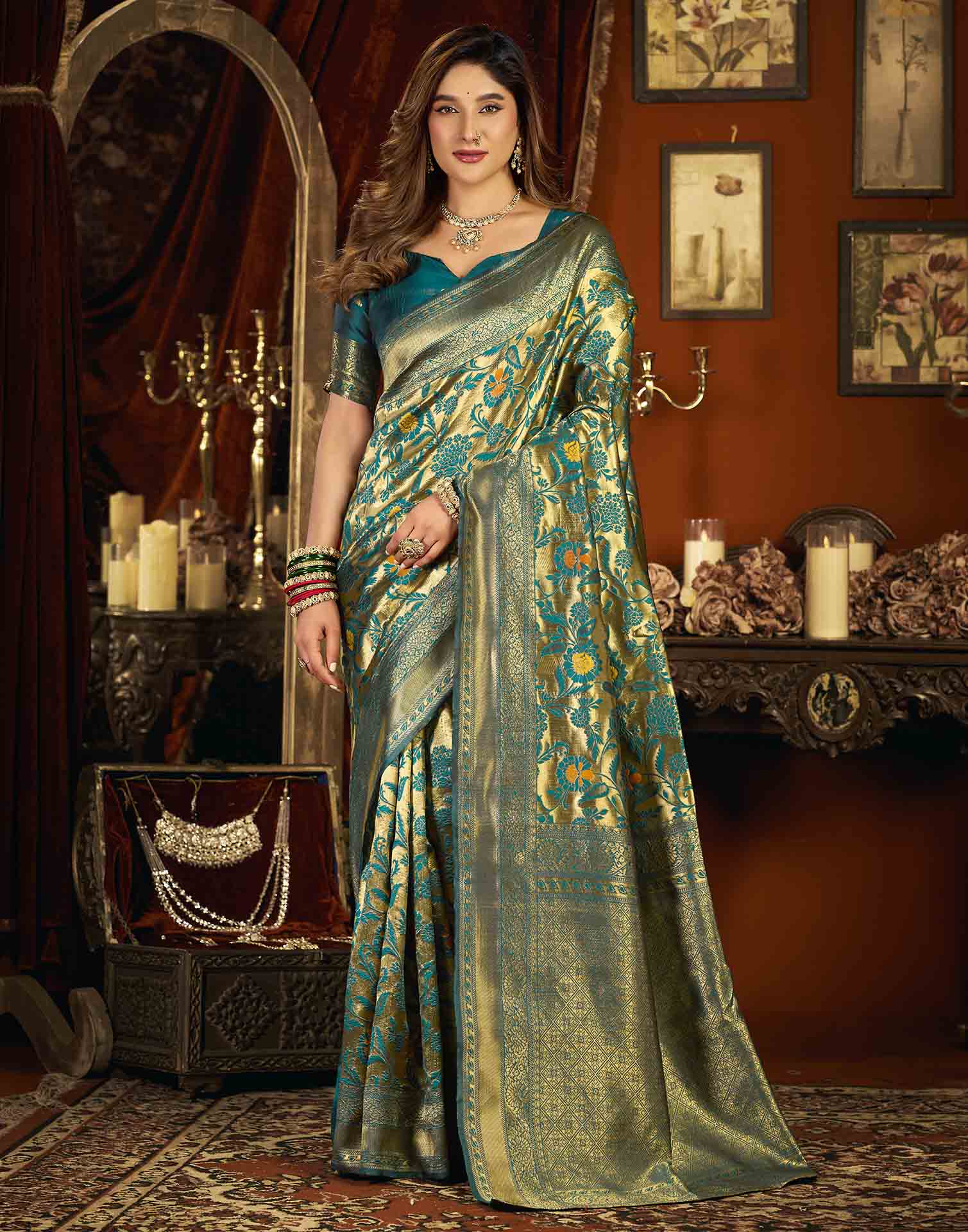 Teal Blue Silk Woven Banarasi Saree
