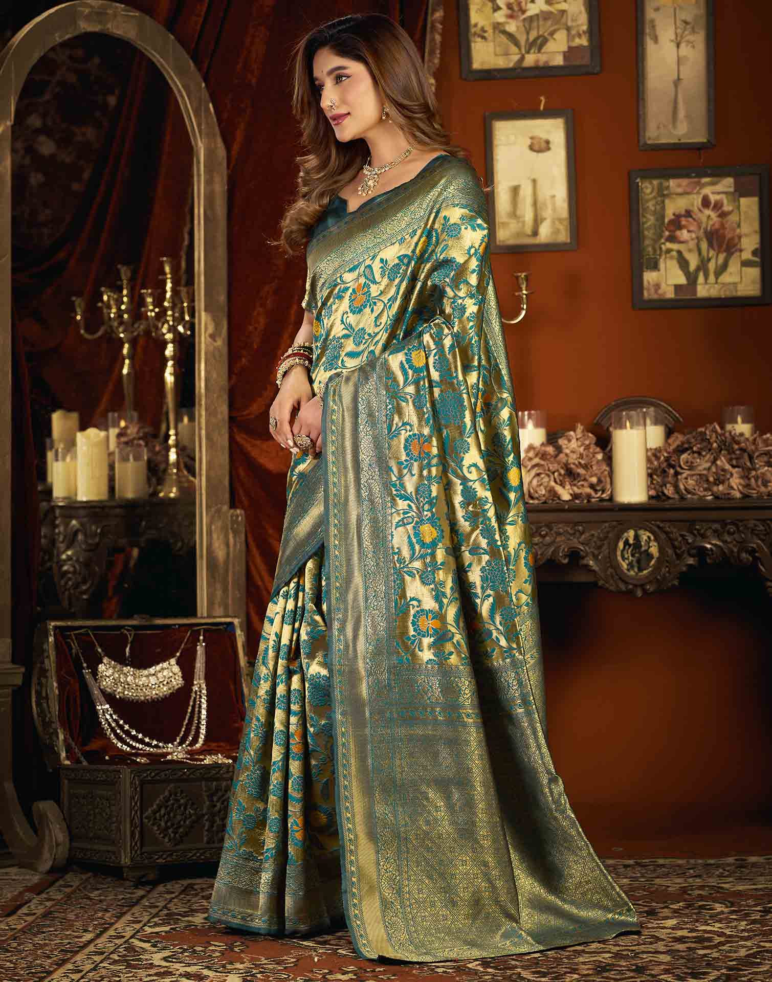 Teal Blue Silk Woven Banarasi Saree
