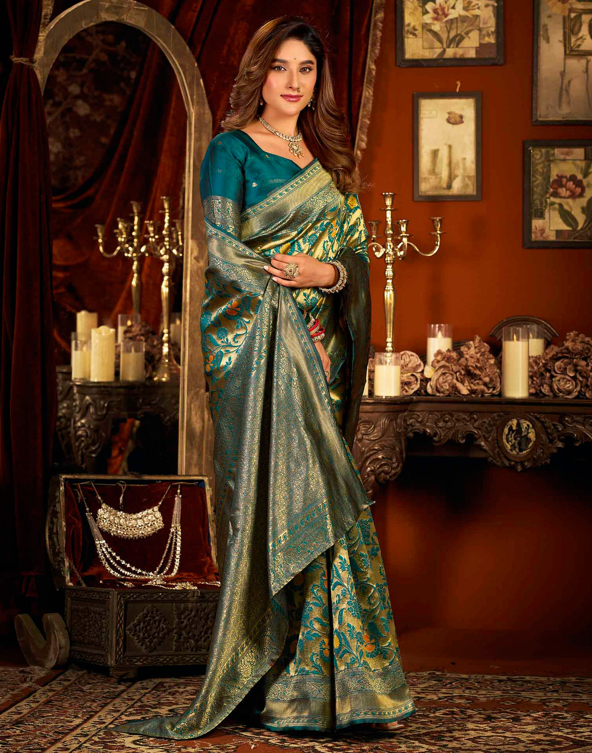 Teal Blue Silk Woven Banarasi Saree