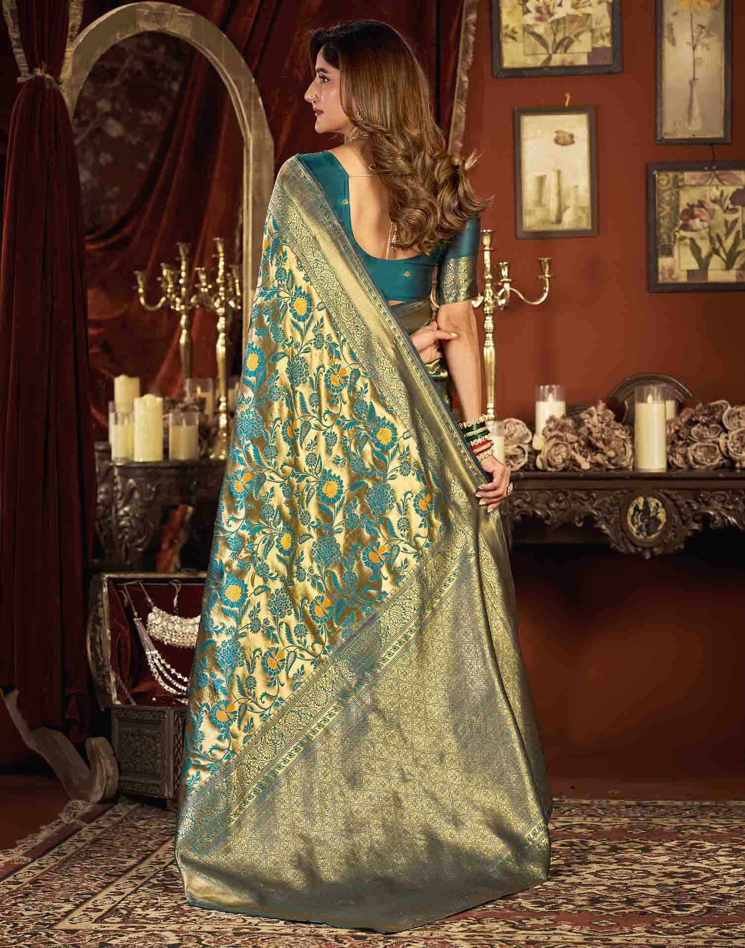Teal Blue Silk Woven Banarasi Saree