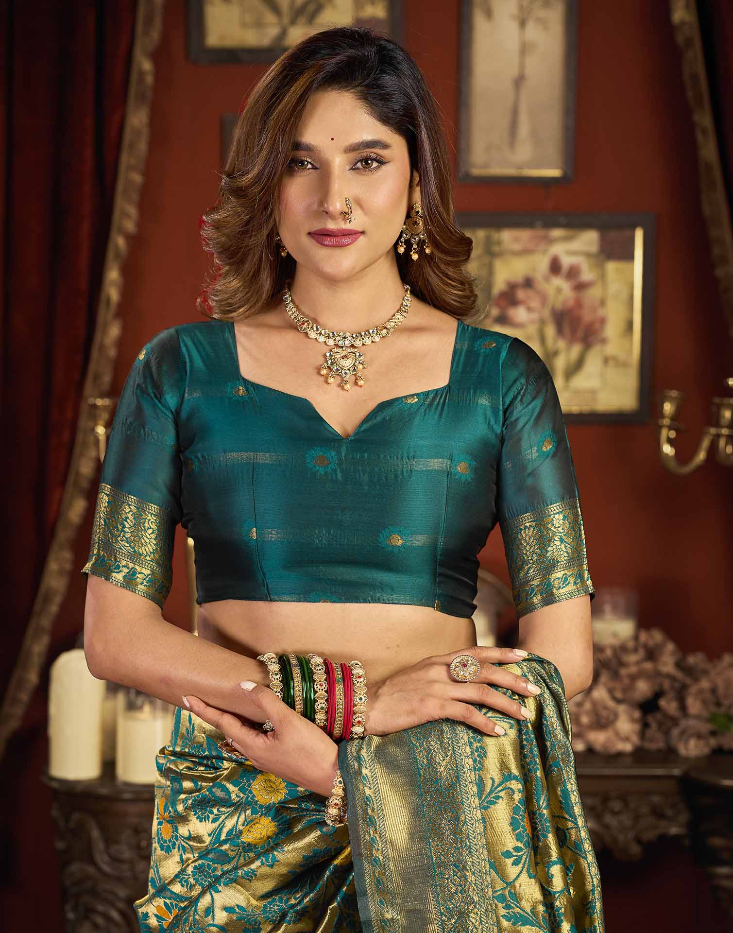 Teal Blue Silk Woven Banarasi Saree