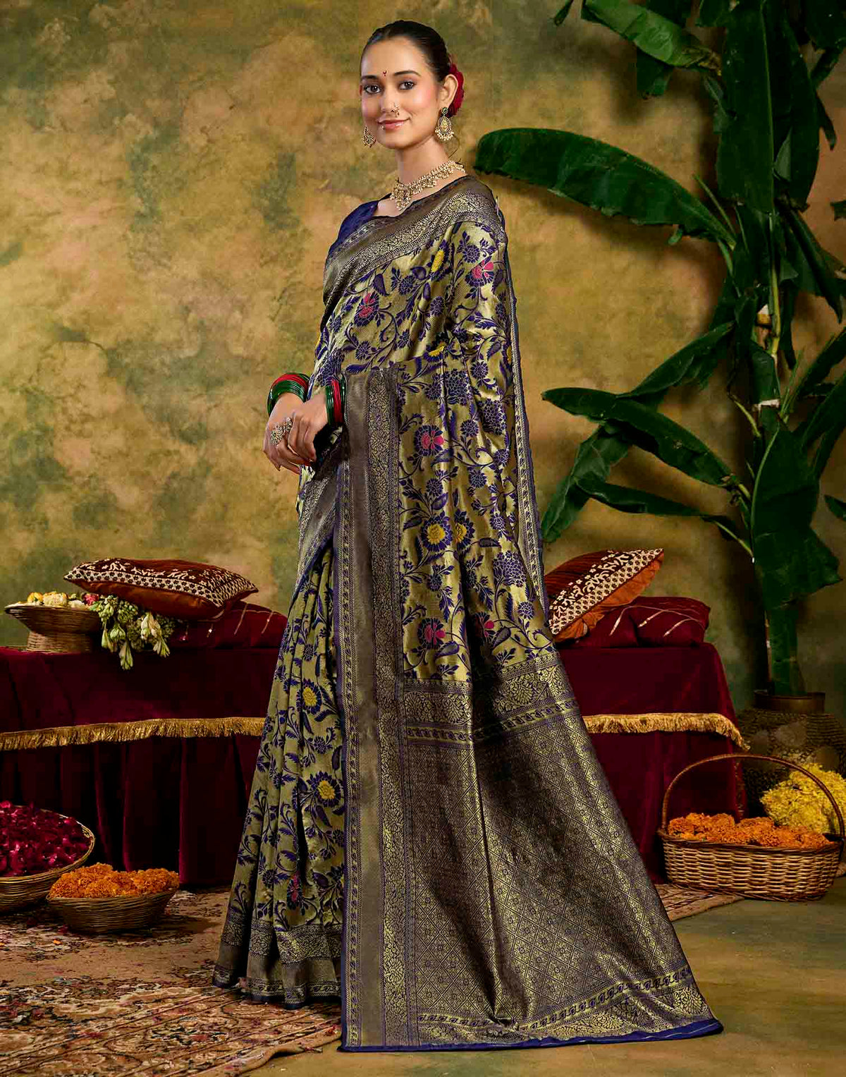 Navy Blue Silk Woven Banarasi Saree