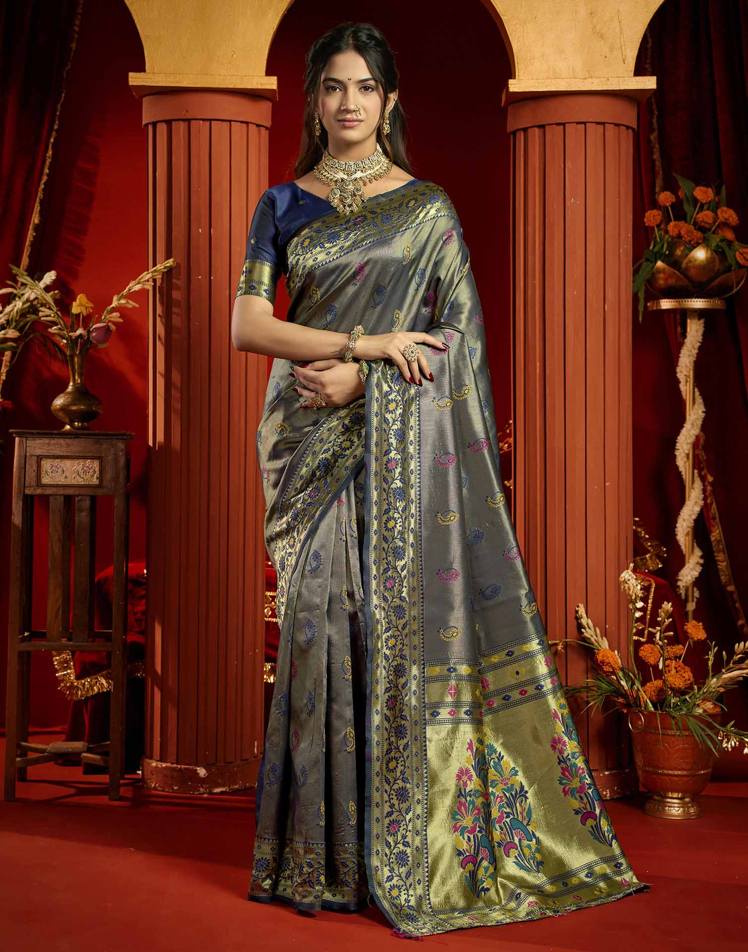 Navy Blue Silk Woven Paithani Saree